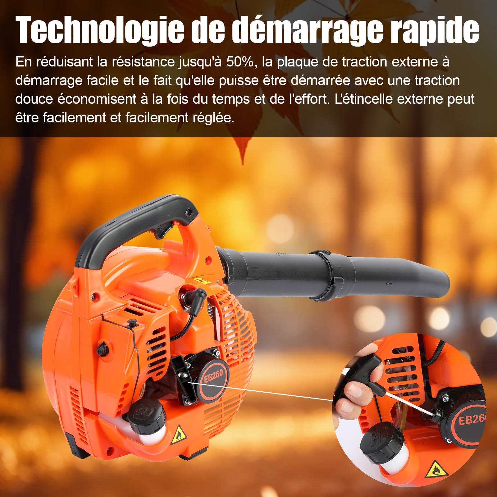 Souffleur Thermique 26cc à Essence 2 Temps | Souffleur de Feuilles Portable sans Fil Débit d’Air 9,8 m³/Min Vitesse 250 km/h | Aspirateur Souffleur Broyeur pour Jardin et Feuilles Mortes