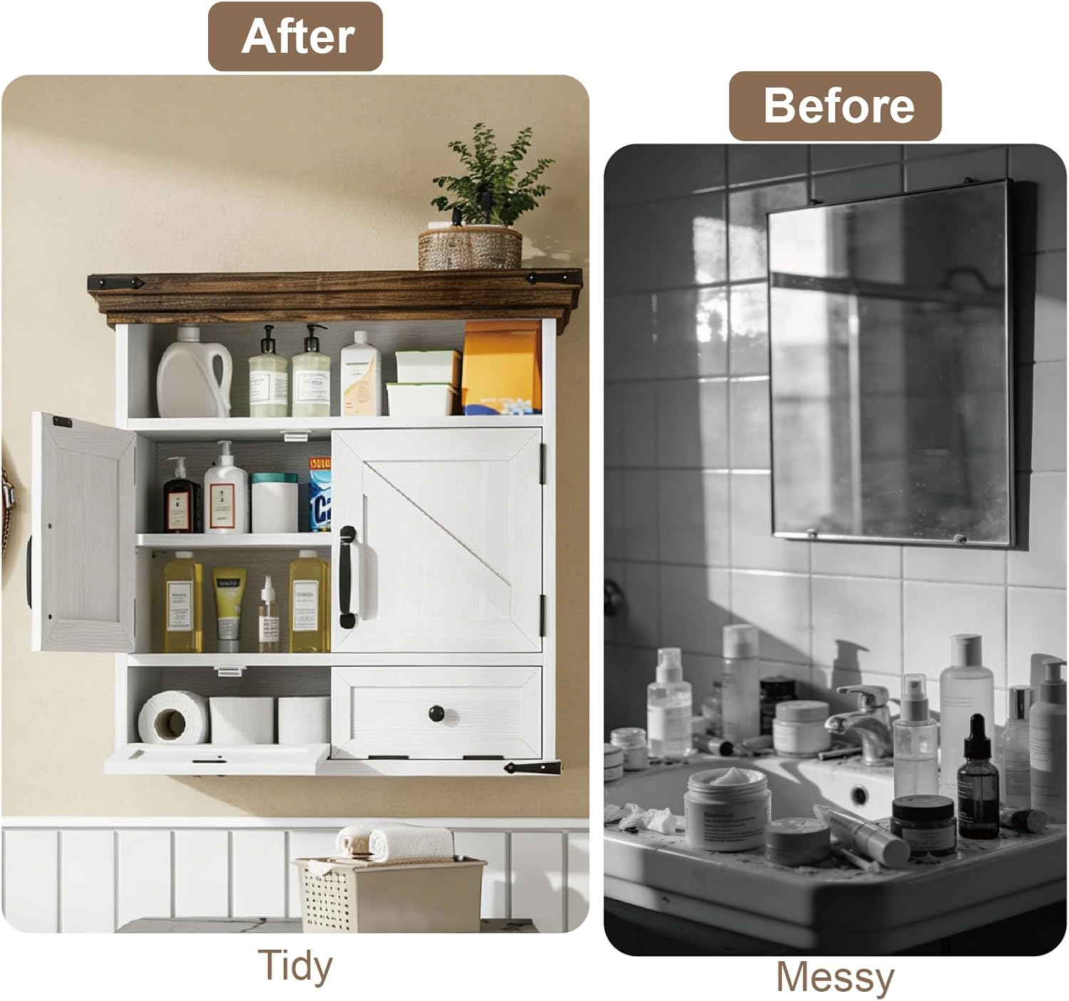 Bathroom Wall Cabinet, Farmhouse Medicine Cabinet with Door, 8.9"D x 25.6"W x 24.8"H, Wall Mounted Bathroom Cabinet with Adjustable Shelf, Wall Storage Cabinet for Laundry Room & Kitchen(White)