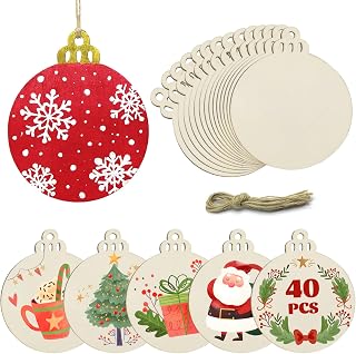 40 Pcs Unfinished Wood Ornaments DIY Round Wooden Ornaments Christmas Crafts Kit, Round Wood Christmas Ornaments for Crafts and Christmas Holiday Hanging Decorations