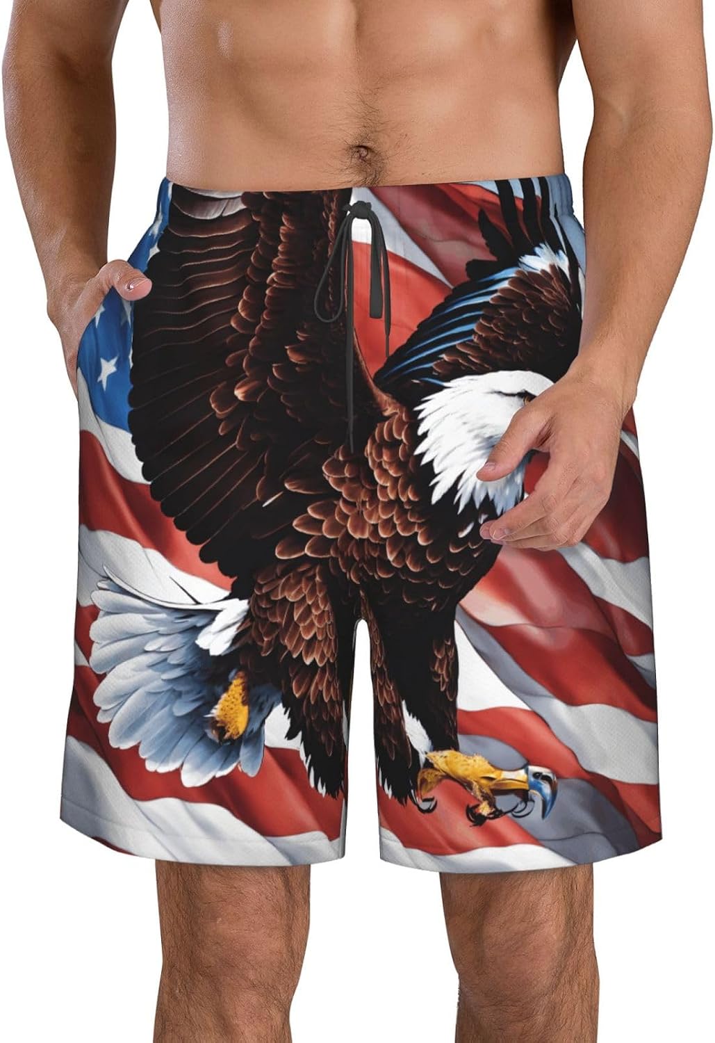 Eagle with USA Flag Print Men's Hawaiian Beach Shorts Elastic Novelty Summer Casual Shorts with Pocket