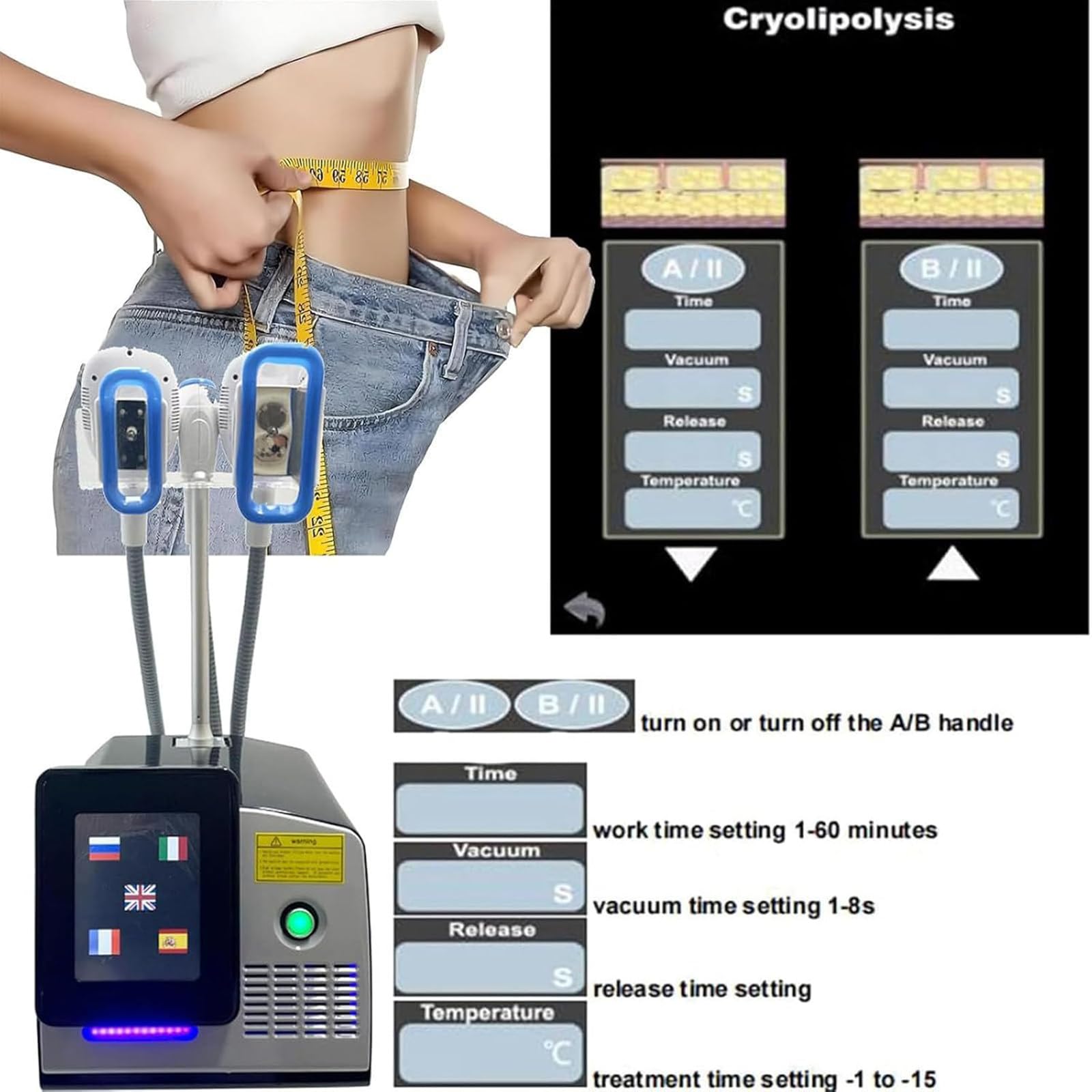 Urządzenie do usuwania tkanki tłuszczowej metodą CoolSculpting – aparat do kriolipolizy i lipolizy, wyszczuplania oraz modelowania sylwetki, wyposażony w 3 głowice