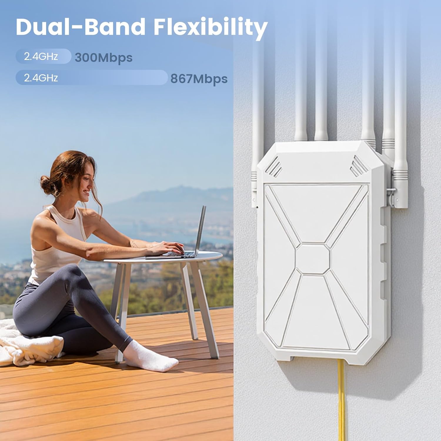AC1200 Outdoor WiFi Extender, Long Range Outdoor WiFi Extender Signal Booster WiFi Access Point with 6 Antennas, IP65 Weatherproof,W/PoE, for Starlink, Camping,Cameras