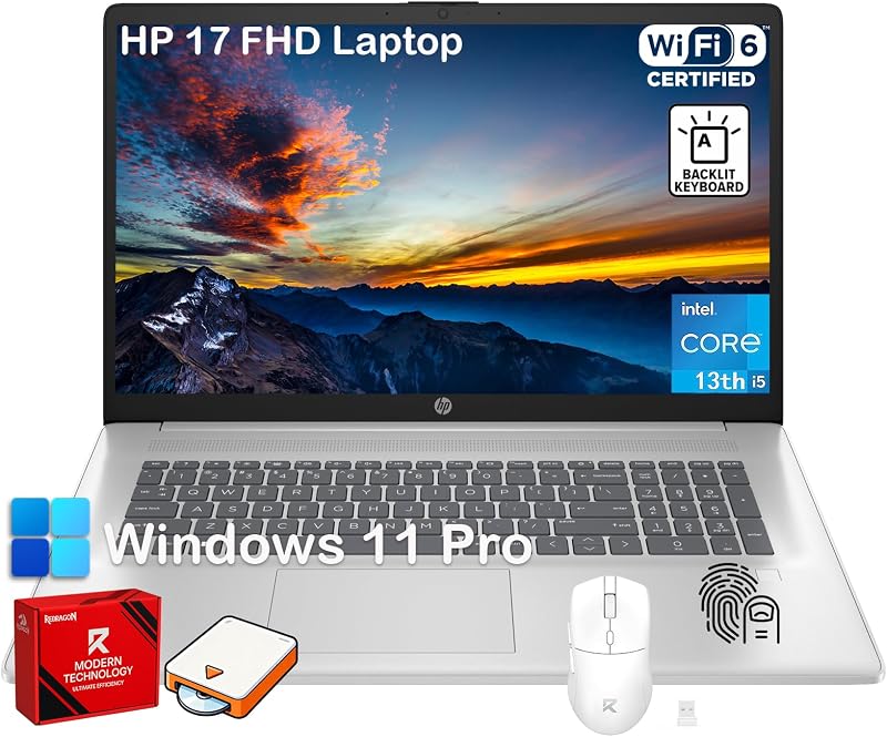 HP 17 inch Laptop Computer for Business, 17.3" FHD Anti-Glare Display, Backlit Keyboard, Fingerprint, Intel 10-Core i5-1334U, 20GB RAM, 512GB SSD, Win11 Pro, 720p HD Camera, HDMI, w/Accessories