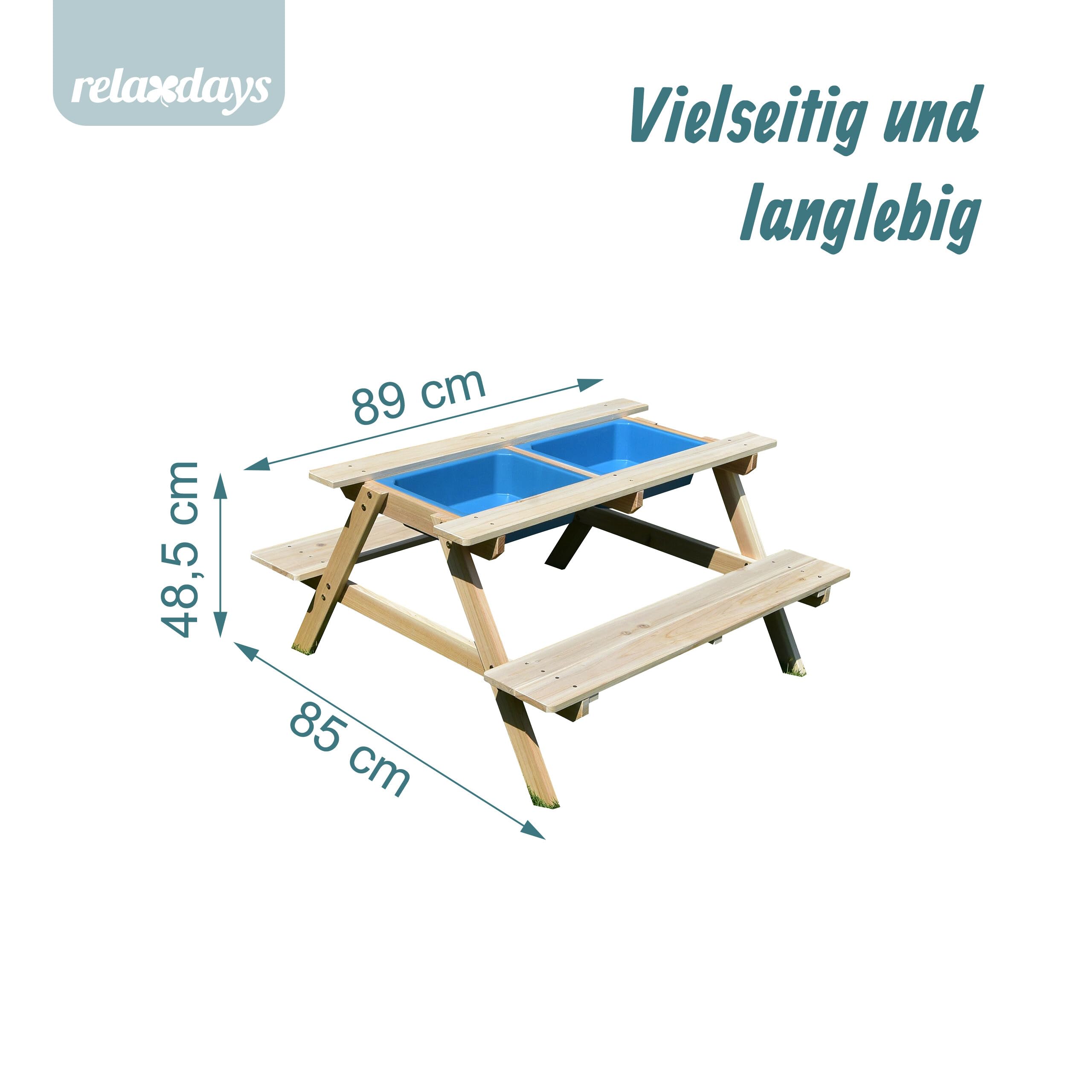 Relaxdays Kindersitzgruppe Holz, 3in1, Spieltisch, Matschküche & Picknicktisch, mit Tafel, HxBxT: 48,5x89x85cm, Natur
