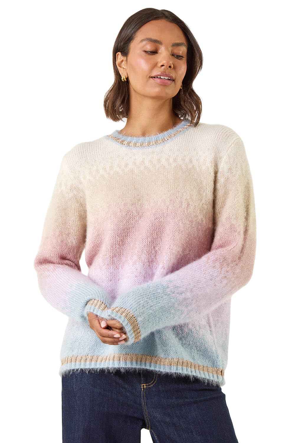 Roman Fluffy Yarn Jumper for Women UK Ladies Thick Sweater Warm Cosy Chunky Knitted Pullover Winter Furry Casual Smart Textured Everyday Cuddly Soft Knitwear - Neutral - Size 16