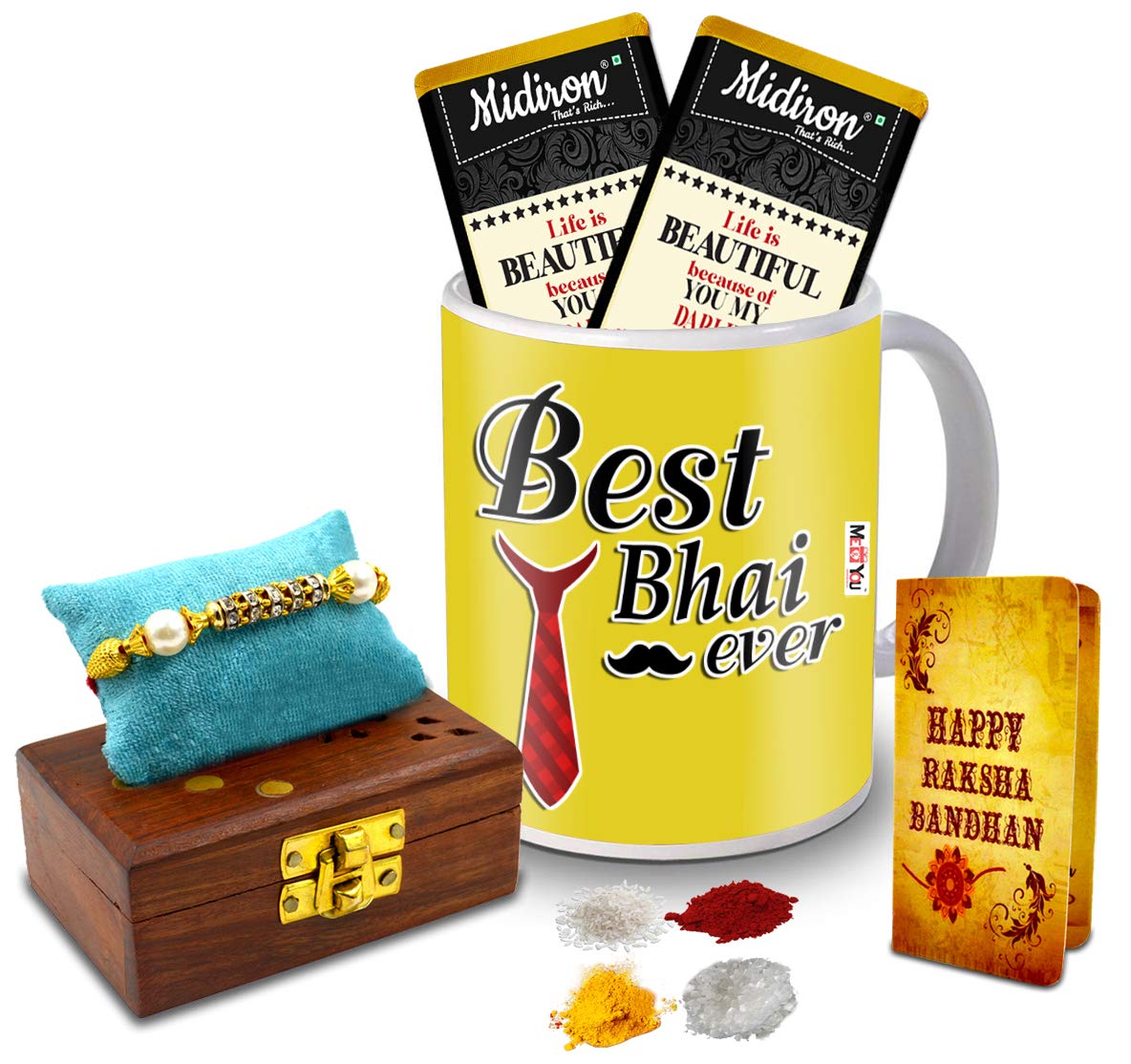 Midiron Rakhi Gift for Brother, Pearl Rakhi with Roli in Wooden Box| Small Message Card for Brother | Milk Chocolate Bar | Printed Coffee Mug for Brother (Multicolor)
