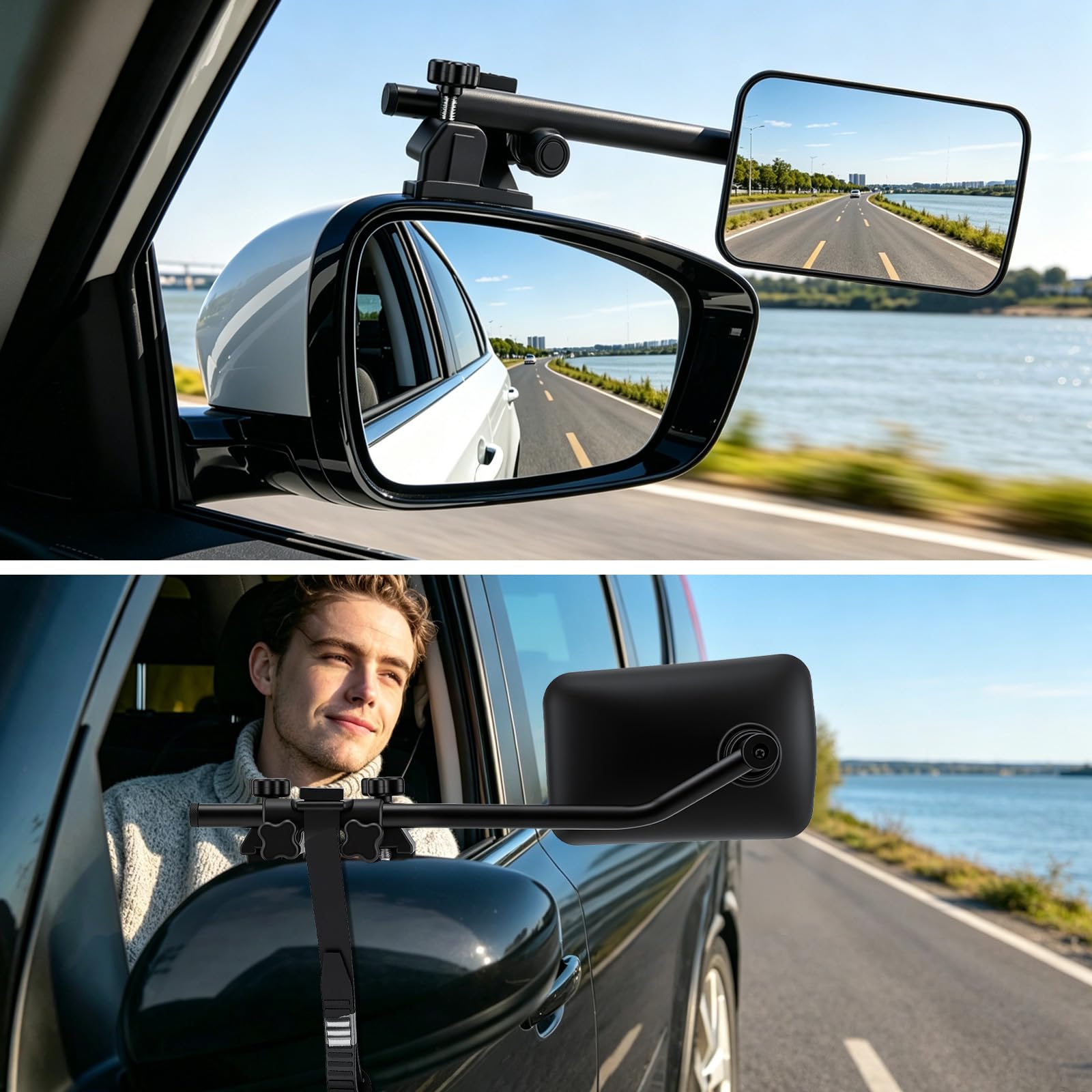 Espejo de caravana para coche, 2 unidades, con pinzas, giratorio 360 ° y plegable, estable y resistente a la lluvia, espejos para remolques para caravanas, caravanas
