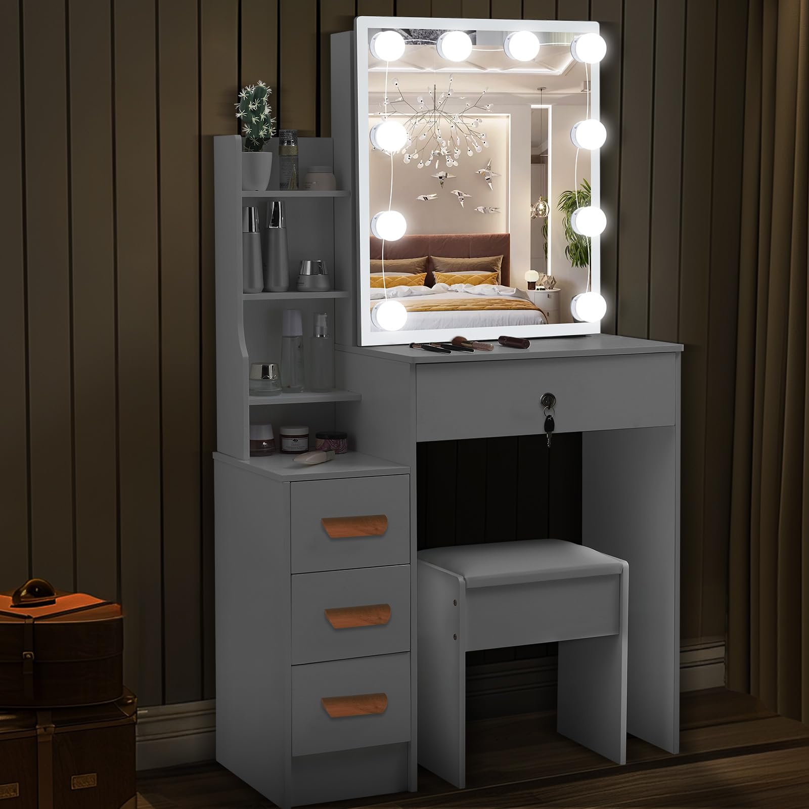 Toeletta da Trucco con Luci LED Hollywood, Tavolo da Trucco con Specchio e Sgabello, Tavolo da Trucco con 6 Cassetti e 6 Ripiani, Postazione Make-up Moderna 80x36x131cm