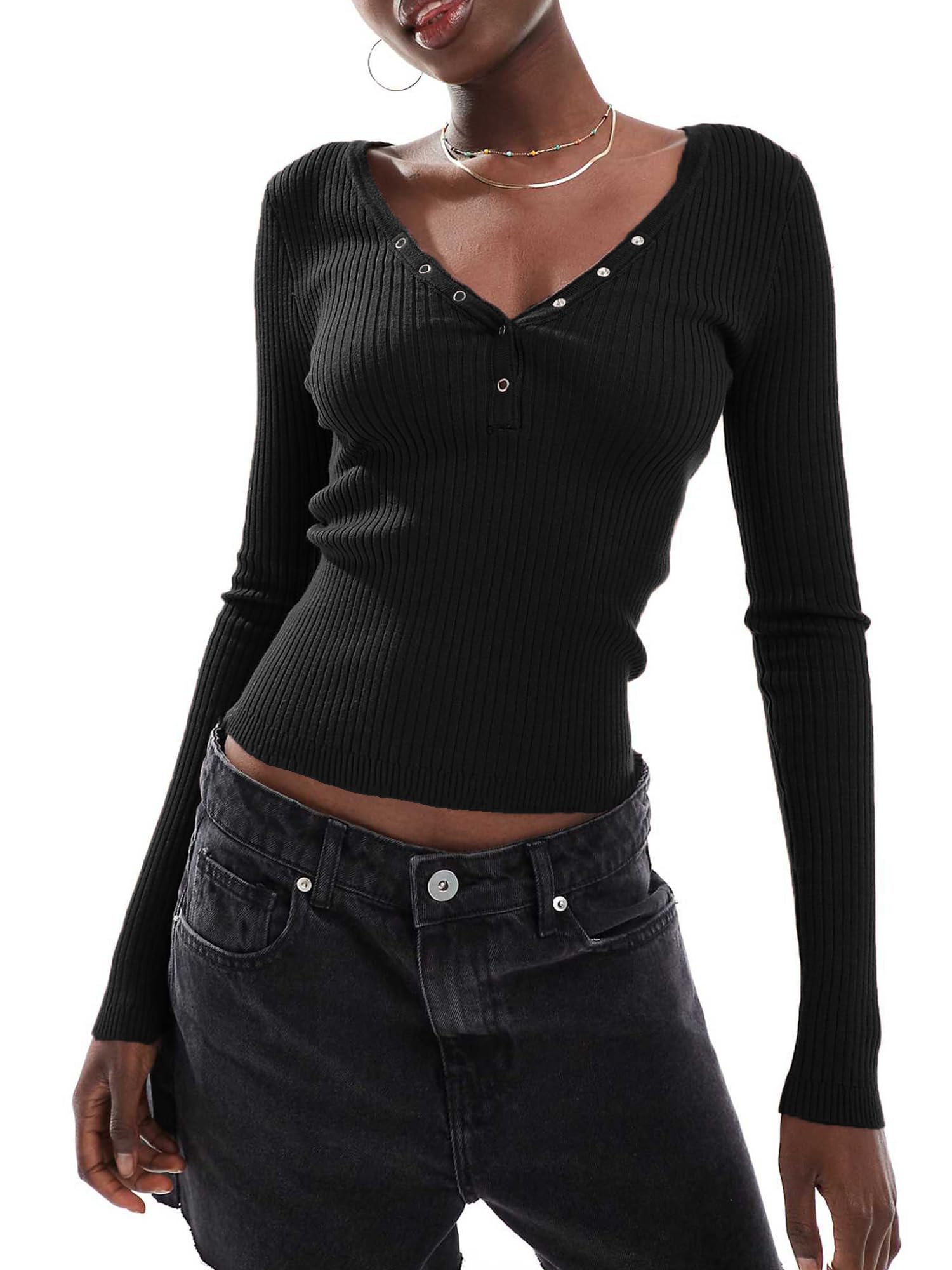 Women's Long Sleeve Knit Shirts Button V Neck Slim Fit Ribbed Trendy Basic T Shirt Y2K Teen Knit Henley Shirts (A-Black, M)