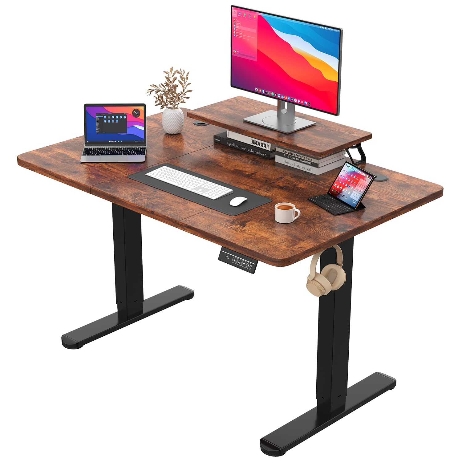 JUMMICO Escritorio de Altura Ajustable con Soporte para Monitor, Mesa de pie, 120 x 60 cm, Color marrón