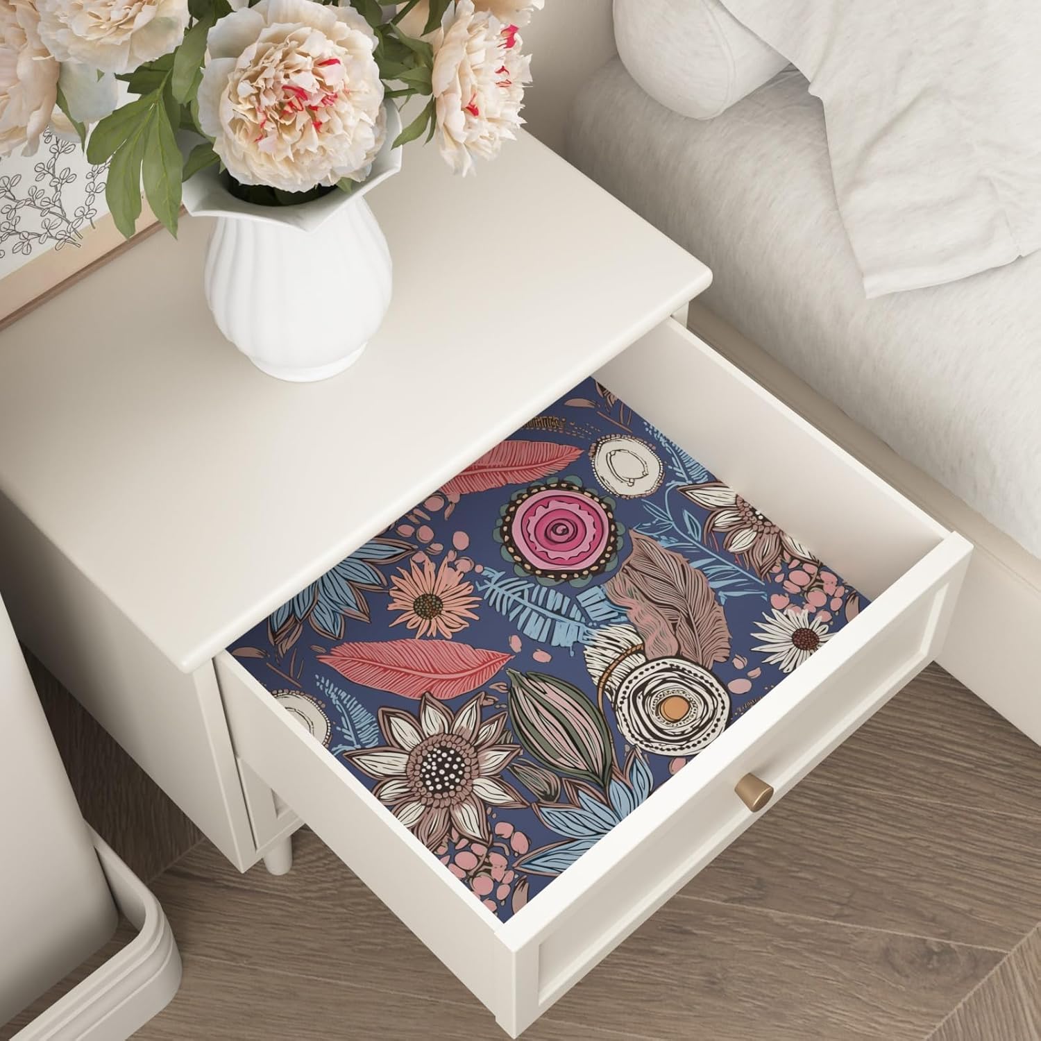 Blue Pink Wallpaper Peel and Stick,Vintage Boho Floral Contact Paper 17.5" x 393", Retro Antique Botanical Flowers Wall Paper Self Adhesive Removable Waterproof for Bathroom Shelves Cabinet Table