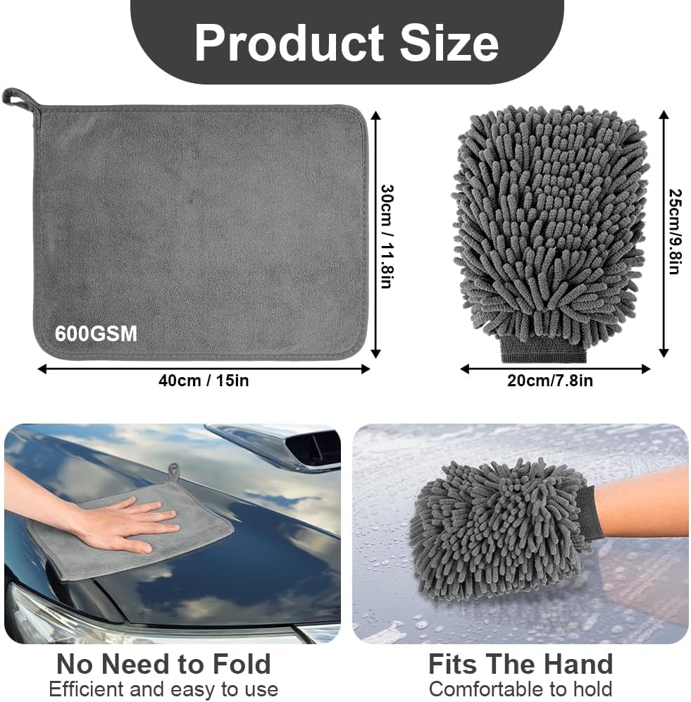 5 Piece Car Care Set with 3 Microfiber Car Cloths 600gsm (Coral Fleece) and 2 Microfiber Wash Mitts for Car and Home (40x30cm) image 2