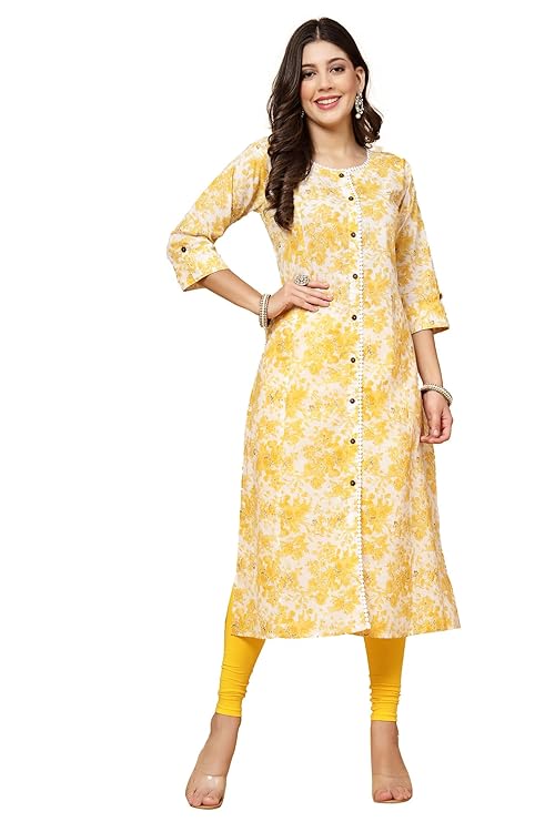 Pistaa’s Women’s Pure Cotton Regular Fit A Line Printed A-Line Regular Kurta – Yellow
