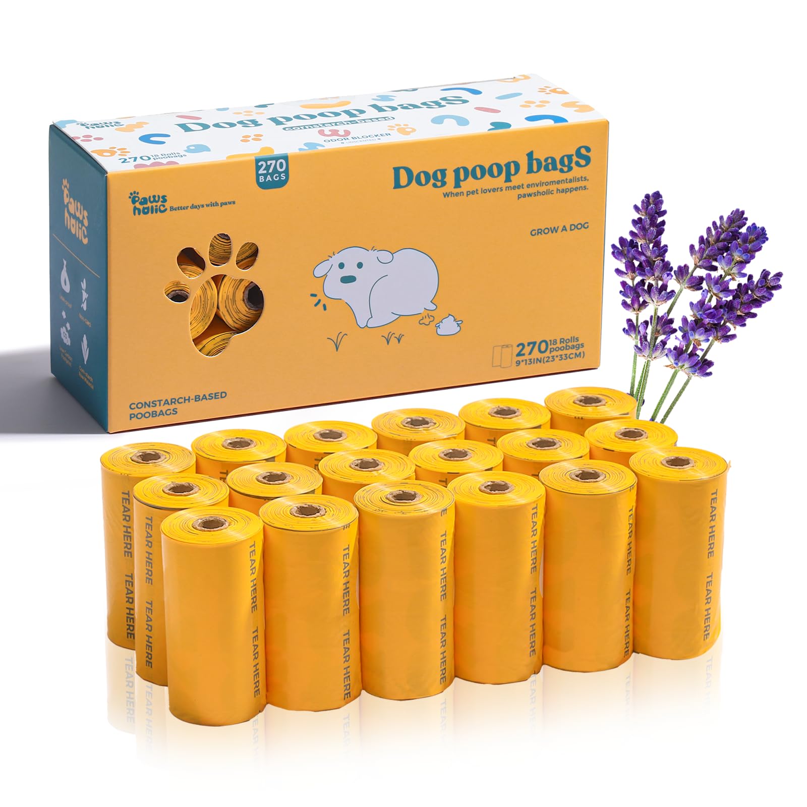 Dog Poop Bags Rolls Guaranteed Leak Proof and Extra thick Poop Bags for Dogs,270 Count 18 Rolls,Lavender Scented,Cornstarch Based Doggie Poop Bag for