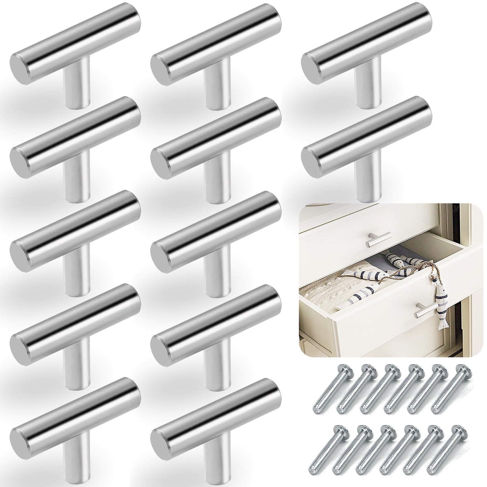 12PCS Cabinet Knobs, Cabinet Pulls Drawer Knobs, T Knobs Single Hole Cabinet Hardware with Screws, for Kitchen Bedroom Furniture, Silver