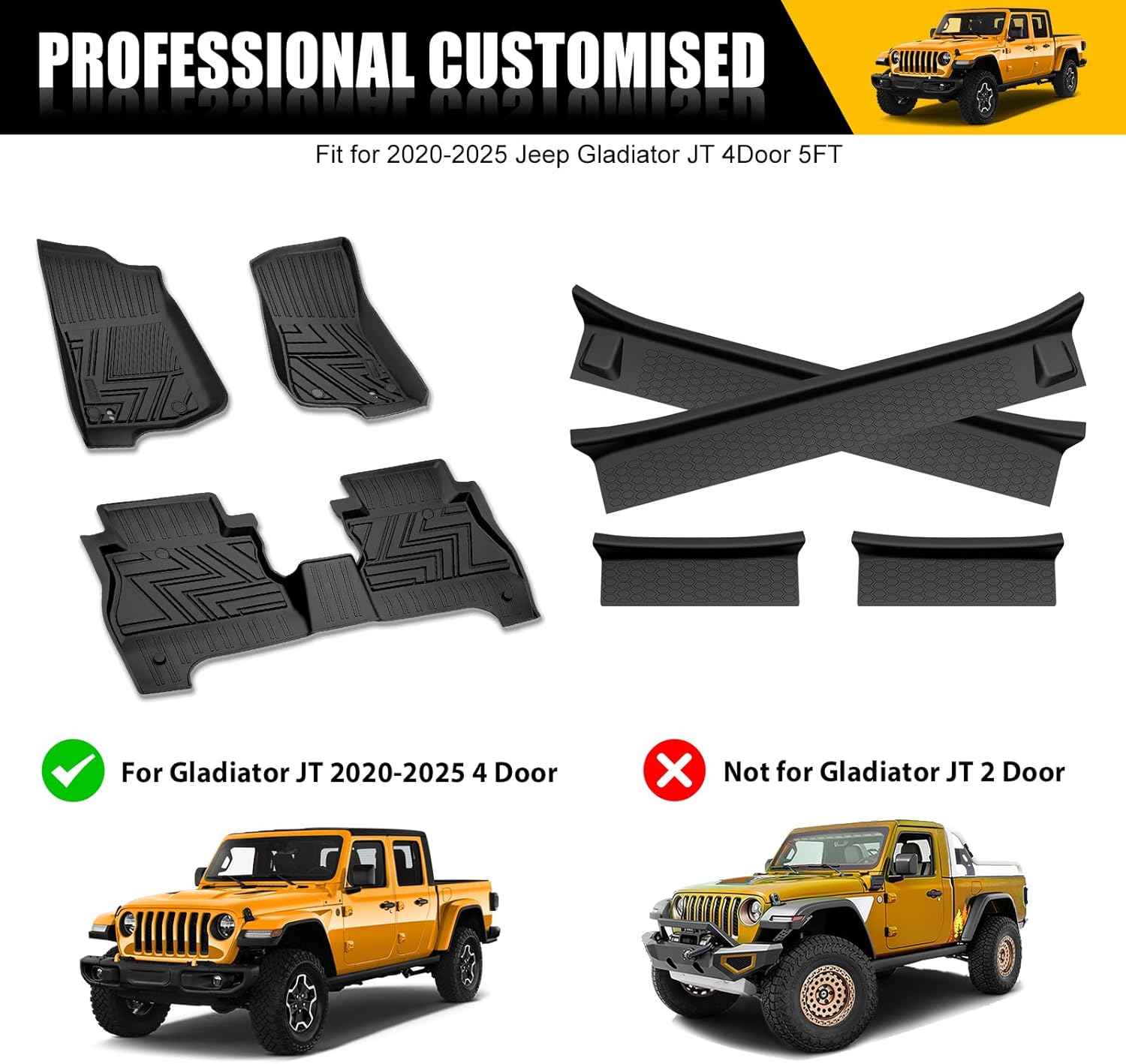 Floor Mats & Door Sill Guards for 2020-2025 Jeep Gladiator JT 4 Door, All Weather TPE Truck Floor Liners(1st & 2nd Row) with Door Sill Protector for 2020-2024 2025 Gladiator Pickup Accessories
