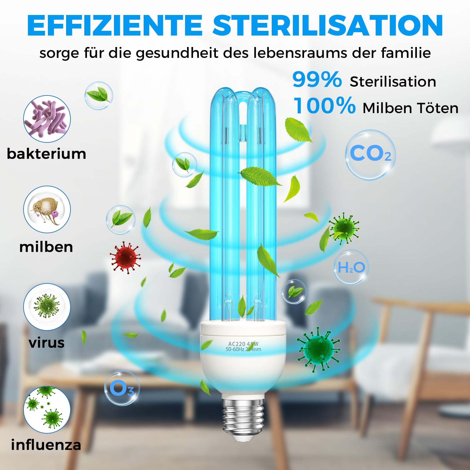 45W Ozon-Desinfektionslampe, E27 UV-Lampe, Keimtötende Lampe mit Ozon-Licht, mit Fernbedienung und Zeitschaltuhr, 45 Watt, UV mit Ozonproduktion