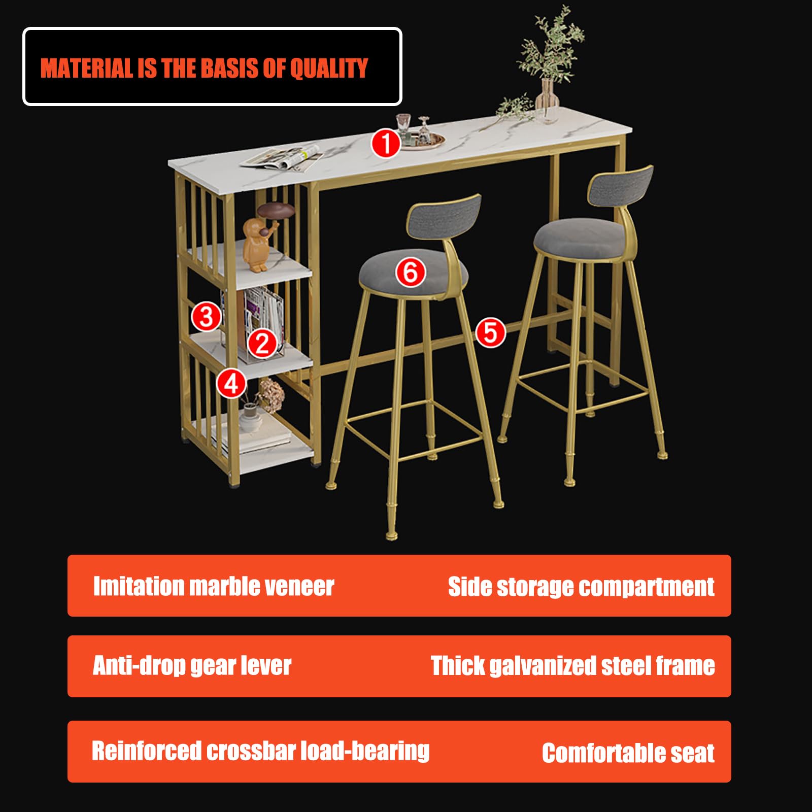 Table de bar pour 2 à 4 personnes, table haute de cuisine avec 3 étagères de rangement, dessus facile à nettoyer, pieds robustes pour petits espaces et appartements