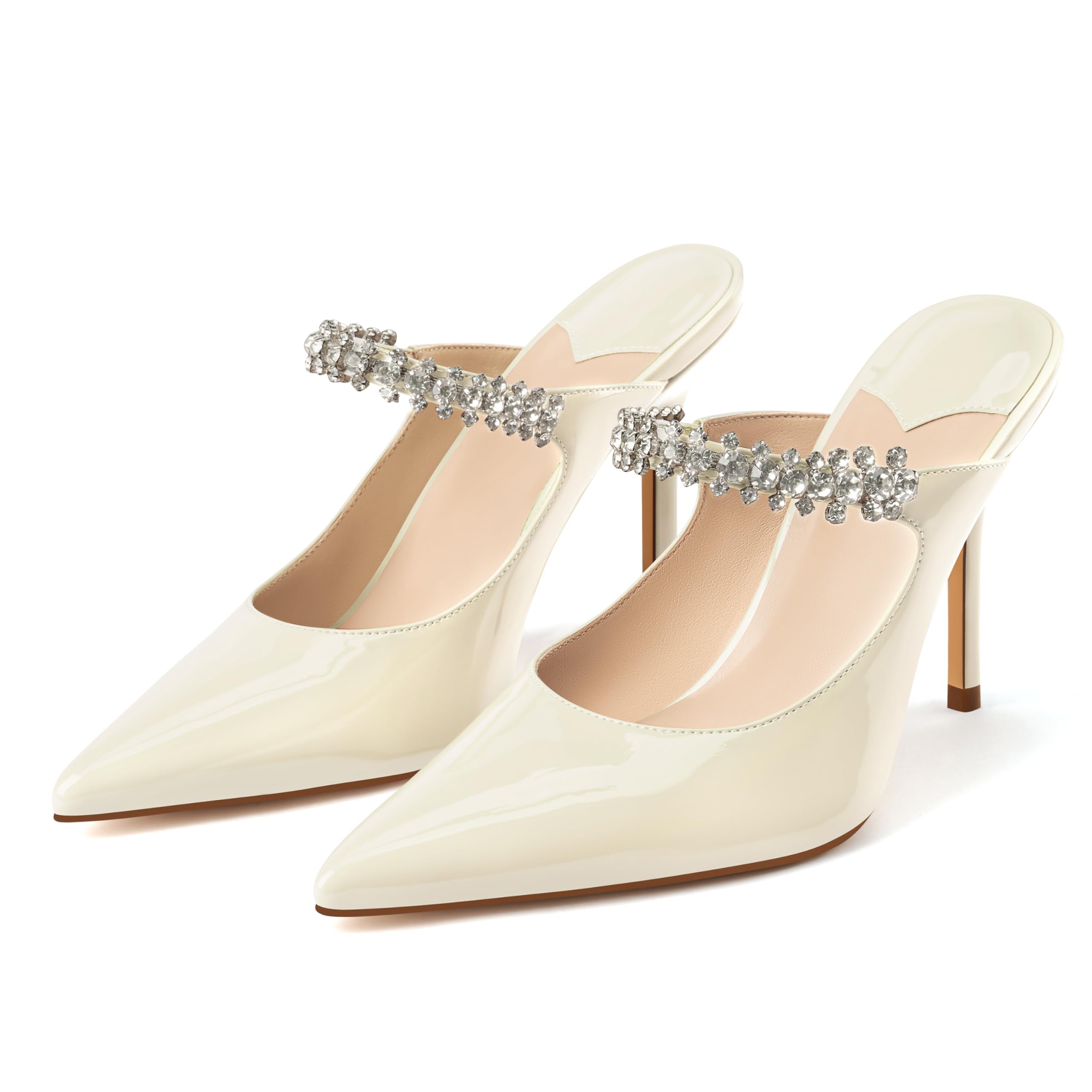 MIRAAZZURRA Women Heeled Mules Rhinestone Strappy Pointed Toe Mules Stiletto High Heels Slip On Bridal Sandals for Women