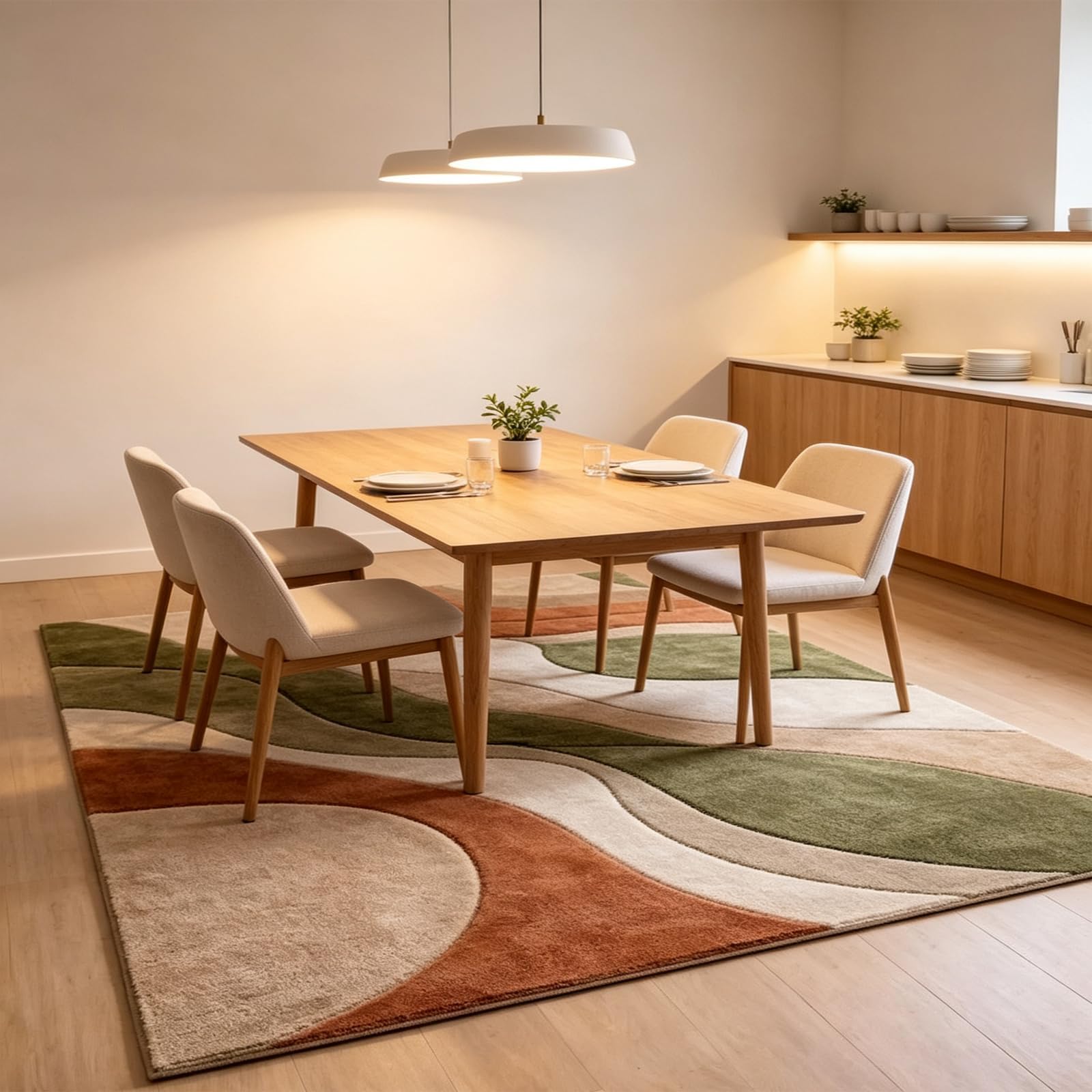Géométriques à Vagues Tapis Salon, 160 x 200 cm, Vert Terracotta et Beige, Tapis Moderne à Rayures et Blocs de Couleur pour Chambre, Moquette antidérapant pour Salle à Manger, Bureau