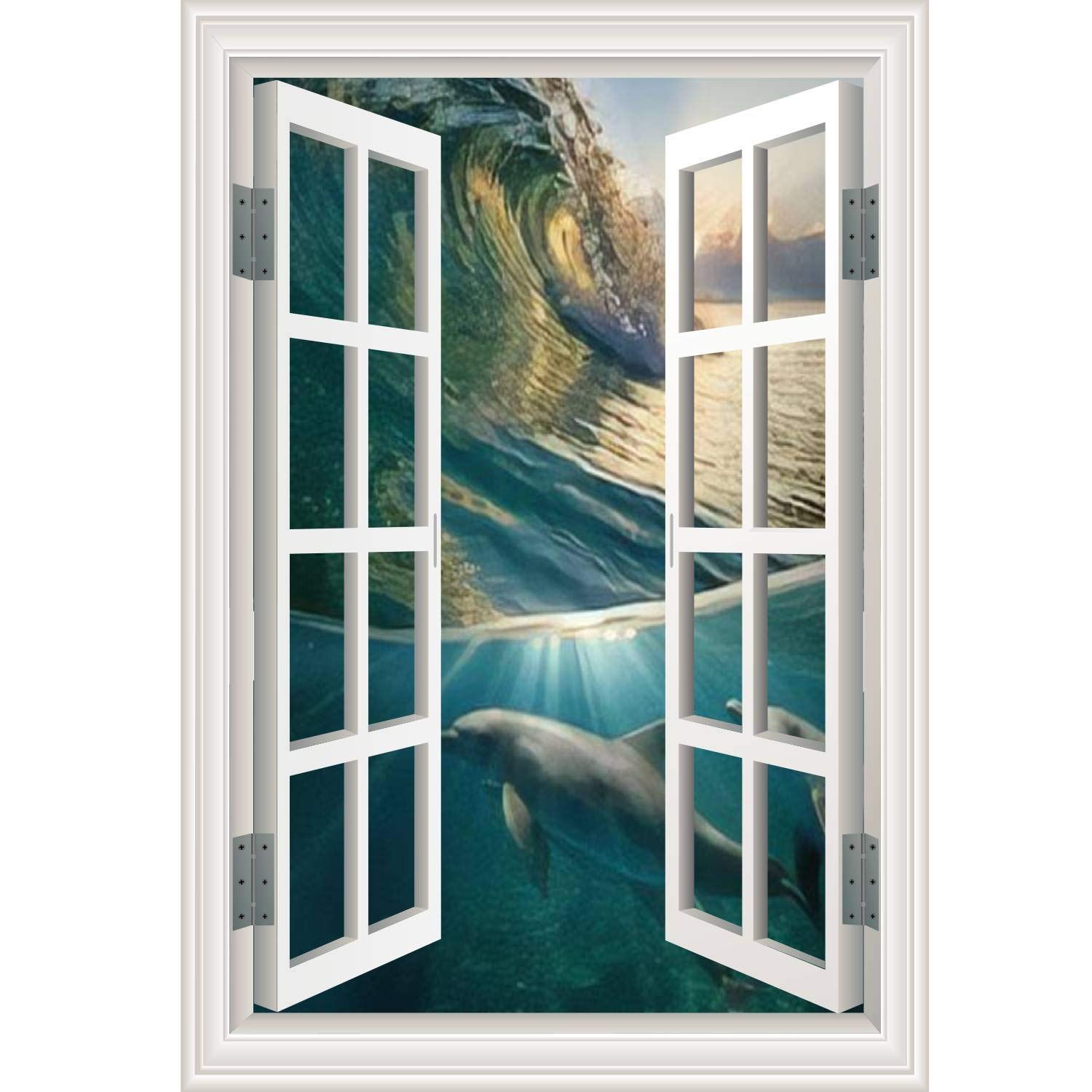Window Frame Style Home Decor Wall Art 3D Canvas Printed Window Framehawaiian beautiful dolphins playing under ocean breaking surfing waveWall Art for Office, Living Room, Bedroom 23*34inches