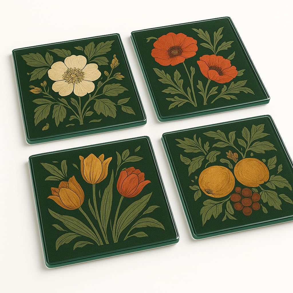 The Plum Penguin Floral Reverie Acrylic Coaster Gift Set Of 4 With Nature's - William Morris Inspired Home Decor For Living Room Elegance