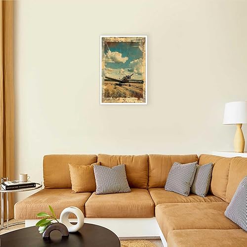 Miniatura 3 de Póster de lienzo vintage de avión aterrizando un avión en la hierba, arte de pared de los años 90, diseño de biplano con temática de aventura para