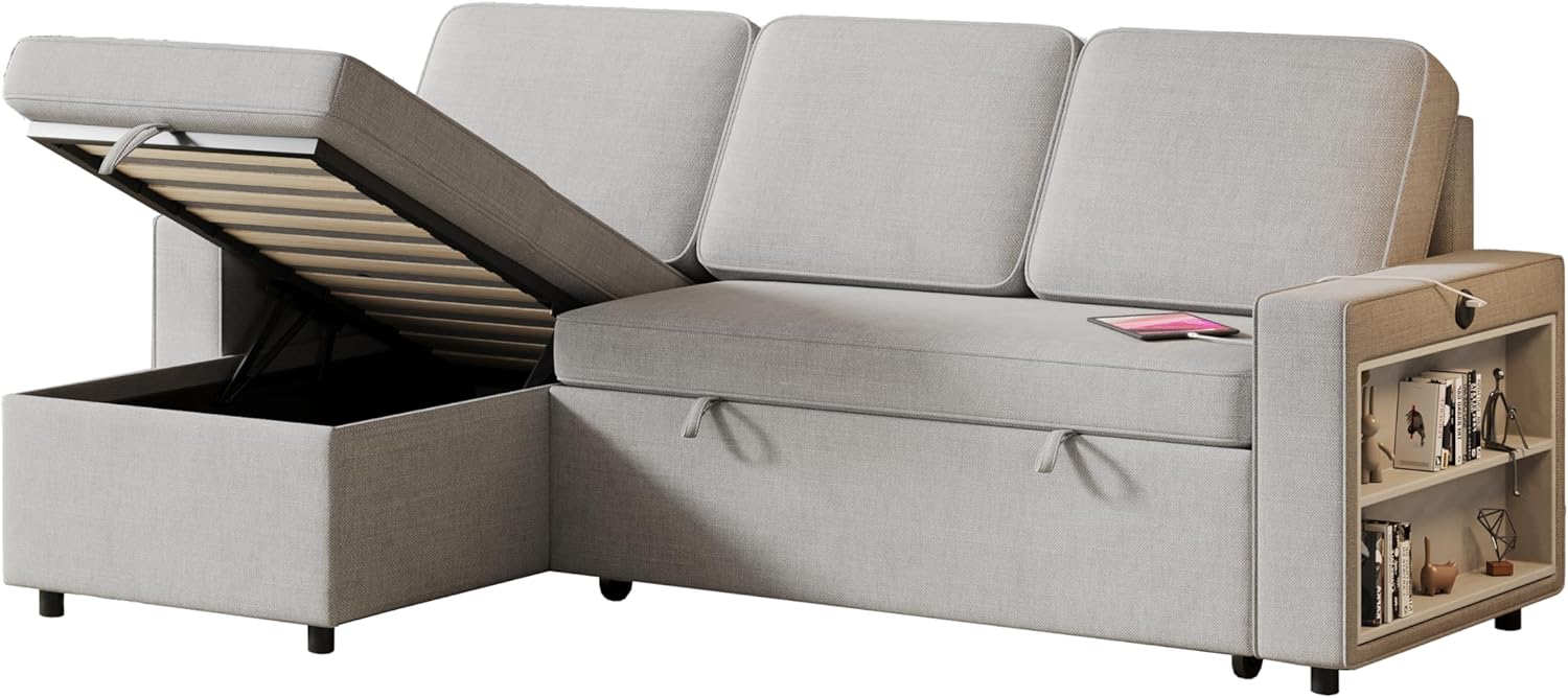 L-Shaped Pull Out Sleeper Sofa (85.8") - Convertible Sofa Bed with Storage Chaise, Storage Racks & Dual Ports (USB/T-Type)