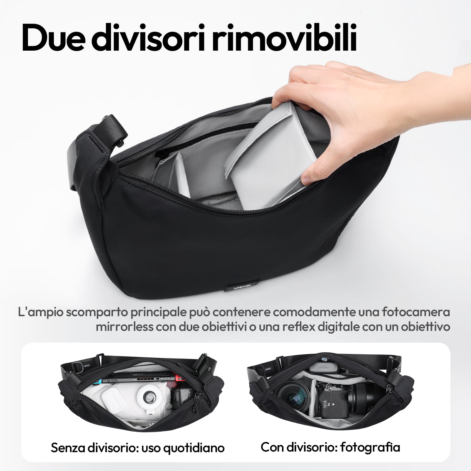 ULANZI Borsa a tracolla per fotocamera, elegante con divisori, custodia leggera per fotocamera DSLR, accessori per fotocamera, viaggi, fotografia all'aperto, Nero, Leggero e portatile