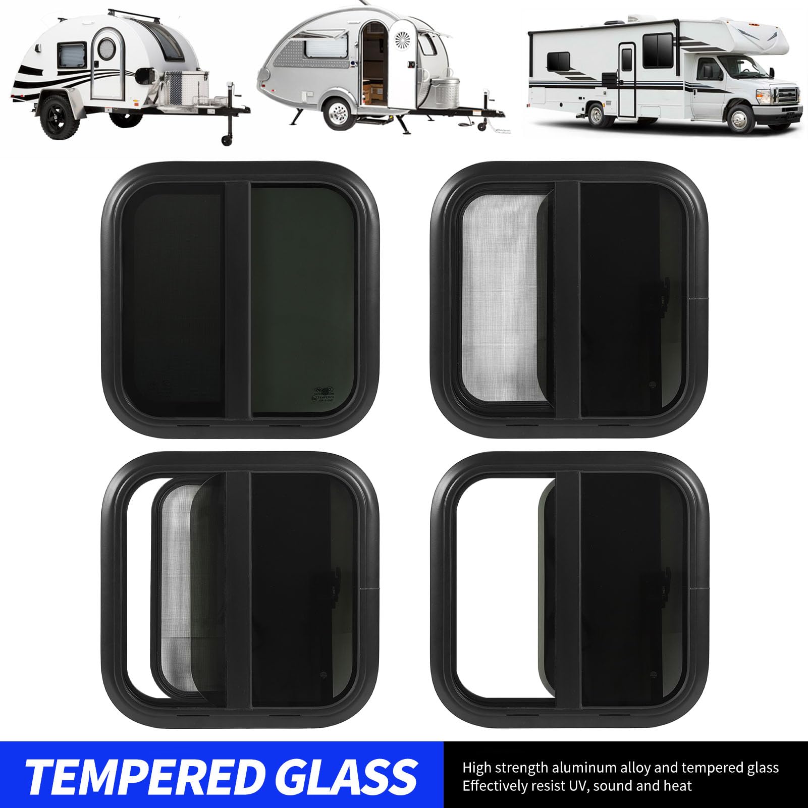 Finestra Scorrevole, Finestra per 600x600mm Finestra Scorrevole in Lega di Alluminio Nera con Schermo Rimovibile per Caravan Trailer RV (Spessore parete