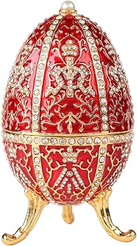 QIFU Vintage Red Easter Egg Style Enameled Trinket Box Hinged, Unique Gift for FamilyQF5825