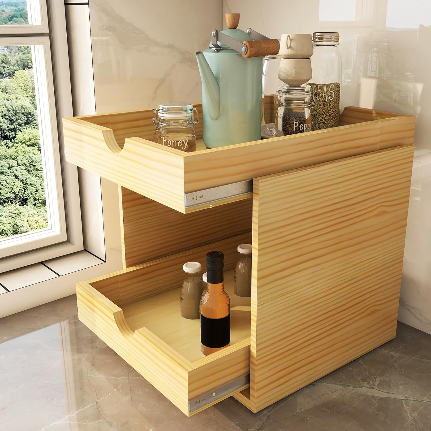 2 Tier Pull Out Cabinet Organizer 14''W×21''D×16.2''H Heavy Duty Slide Out Wood Sliding Drawer, Cabinet Shelf Pull Out Drawer Storage Organizer for Kitchen Pantry Bathroom