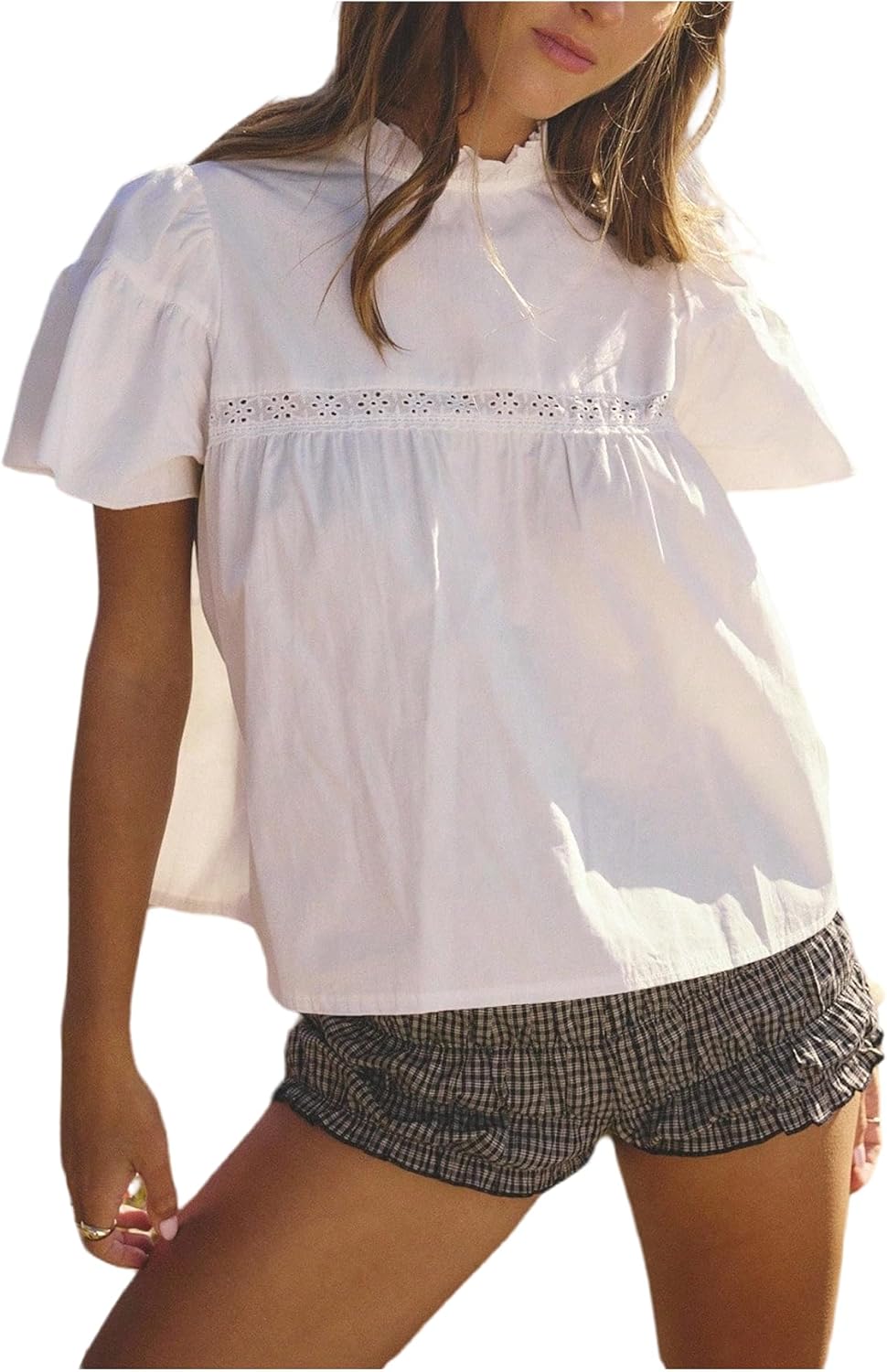 Floerns Women's Cute Puff Sleeve Blouses Frill Mock Neck Vintage Babydoll Tops