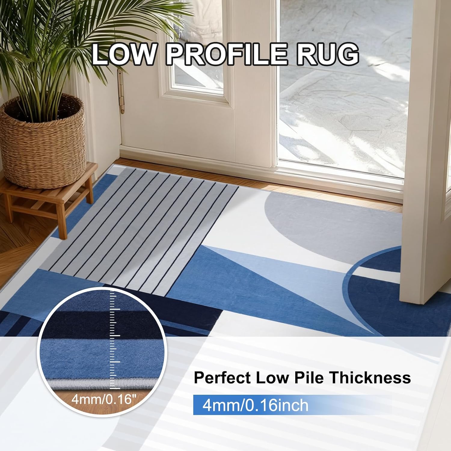 MOSISO 4x6 Washable Area Rug for Living Room, Soft Non-Slip Modern Geometry Low Pile Carpet, Printed Faux Wool Rectangular Floor Mat for Living Room Entryway Bedroom, Blue