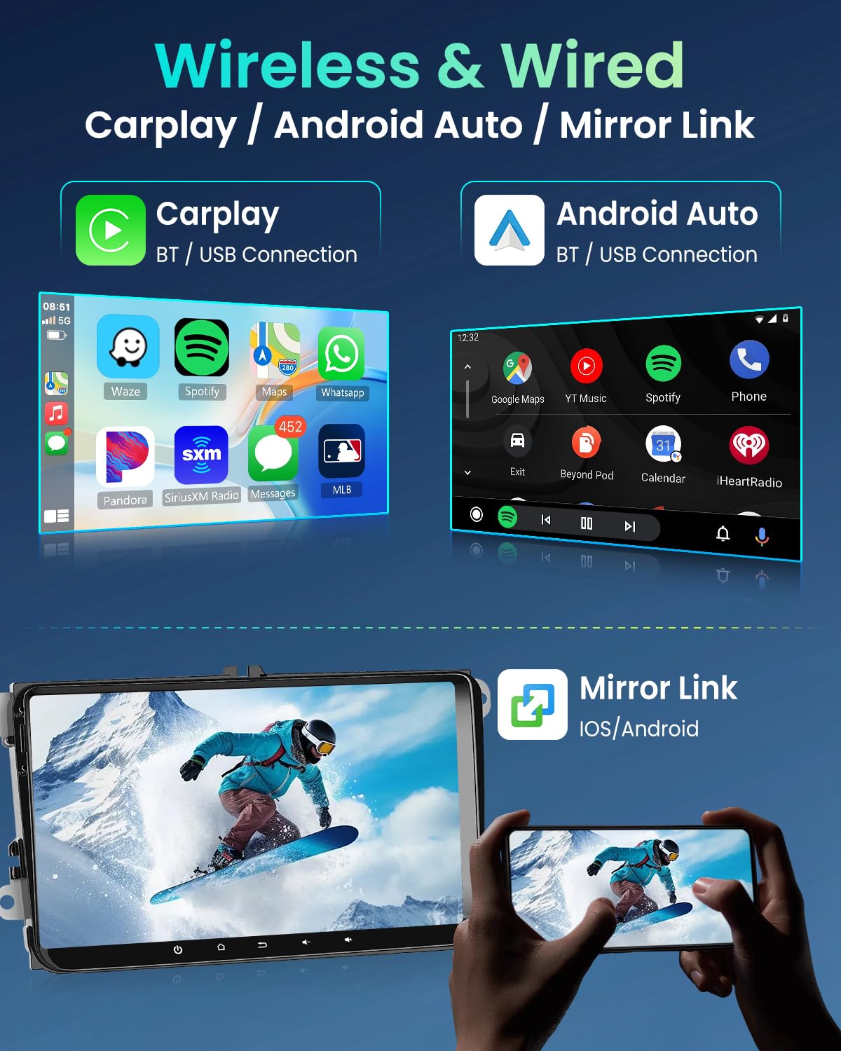 4G+64G Wireless Carplay Android Autoradio für VW Golf 5 6 Passat Polo Tiguan Touran Caddy Skoda SEAT 9 Zoll Autoradio mit Android Auto GPS Navi WiFi Mirror Link Bluetooth FM/RDS/DAB/SWC Rückfahrkamera
