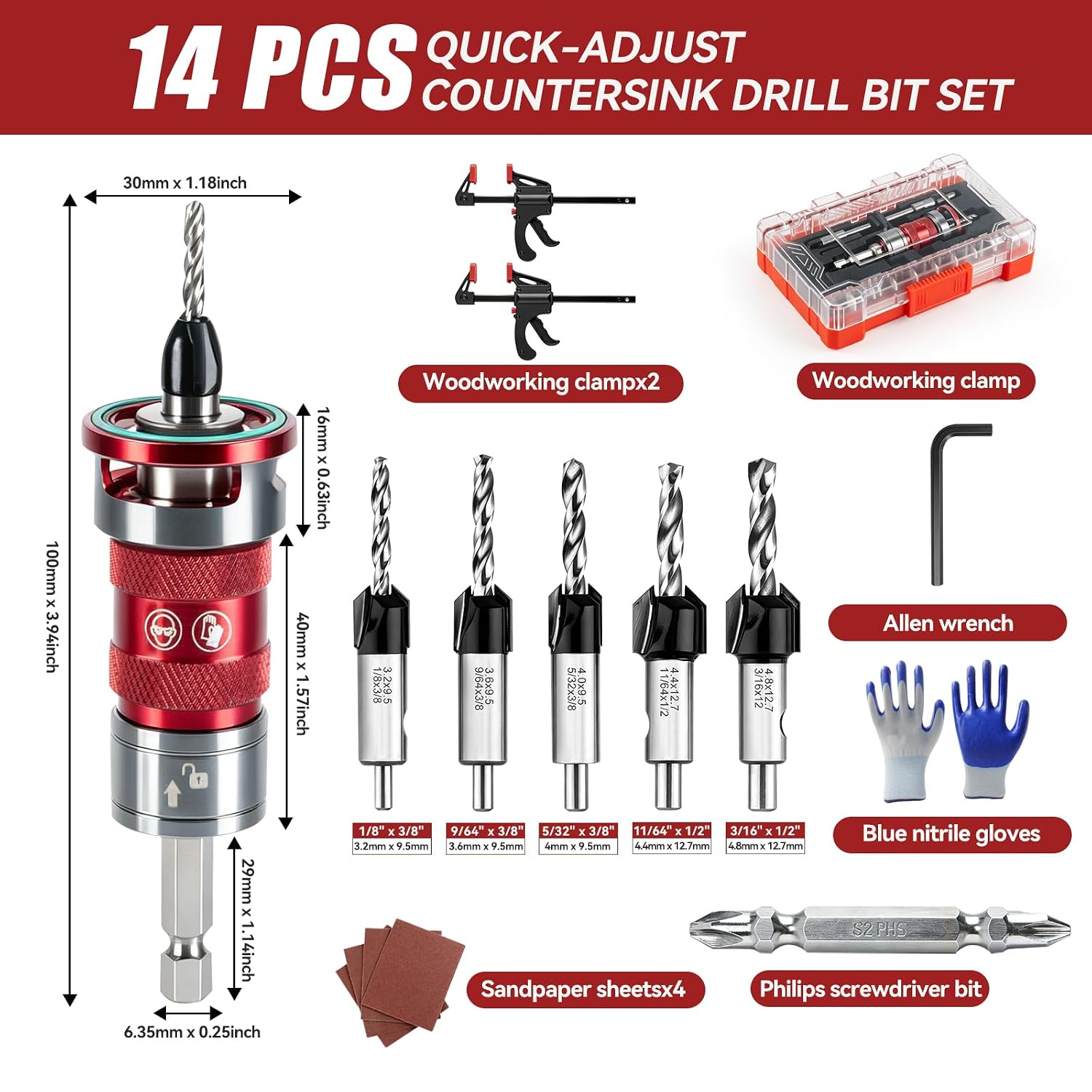 14 Pcs Countersink Drill Bit Set, self-Locking Device Quick-Adjust | 5PCS TCT Cutters with HSS Bit Counter Sink Drill Bit for Wood , Aluminum Stop Ring, L-Wrench, S2 PH2 Bit, Sandpaper& Clamps
