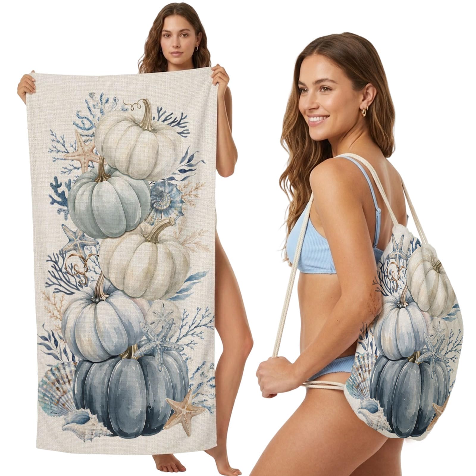 FWJZDSP 2-in-1 Beach Towel Backpack,Thanksgiving Farm Pumpkins Bath Towel with Built-in Storage Sea Starfish Shell Corals Convertible Foldable Beach Blanket for Travel Pool Gym Camping Swim,31x63in