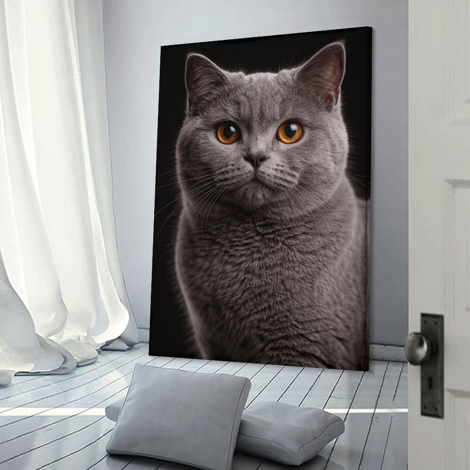 Junmoney Wall Decor Canvas Print British Shorthair Cat Portrait, 24x36inch(60x90cm), for Bedroom Walls, Guest Spaces Or Lounges, Decorative Wall Art for Cosy Rooms