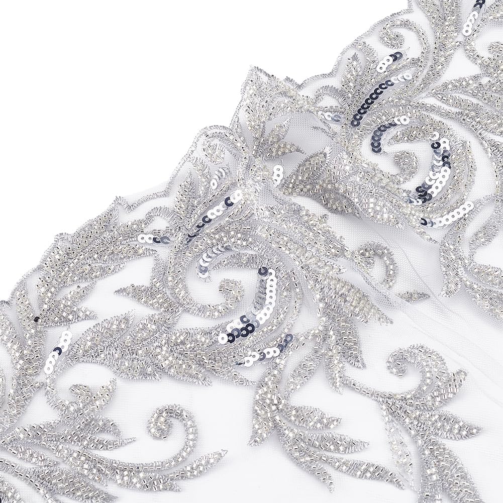 WADORN 2 Yards Silvery 3D Lace Applique, Width 13.6 Inch Floral Lace Rhinestone Beaded Sewing Fabric Applique Decor for DIY Sewing Clothing Flowers Applique Embroidery Patches Fabric for Wedding Dress