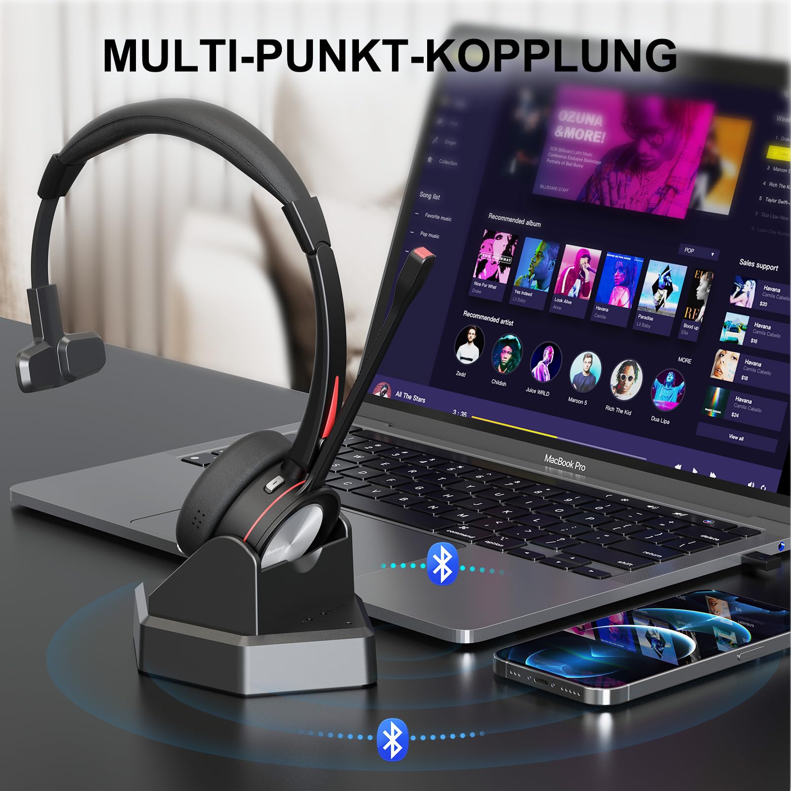 Bluetooth Headset mit Mikrofon für PC, Mono Wireless Headset mit USB Adapter & Ladestation, 40 Stunden Sprechzeit, Mono kabelloses für Arbeit Laptop Handy Microsoft Teams Telefon