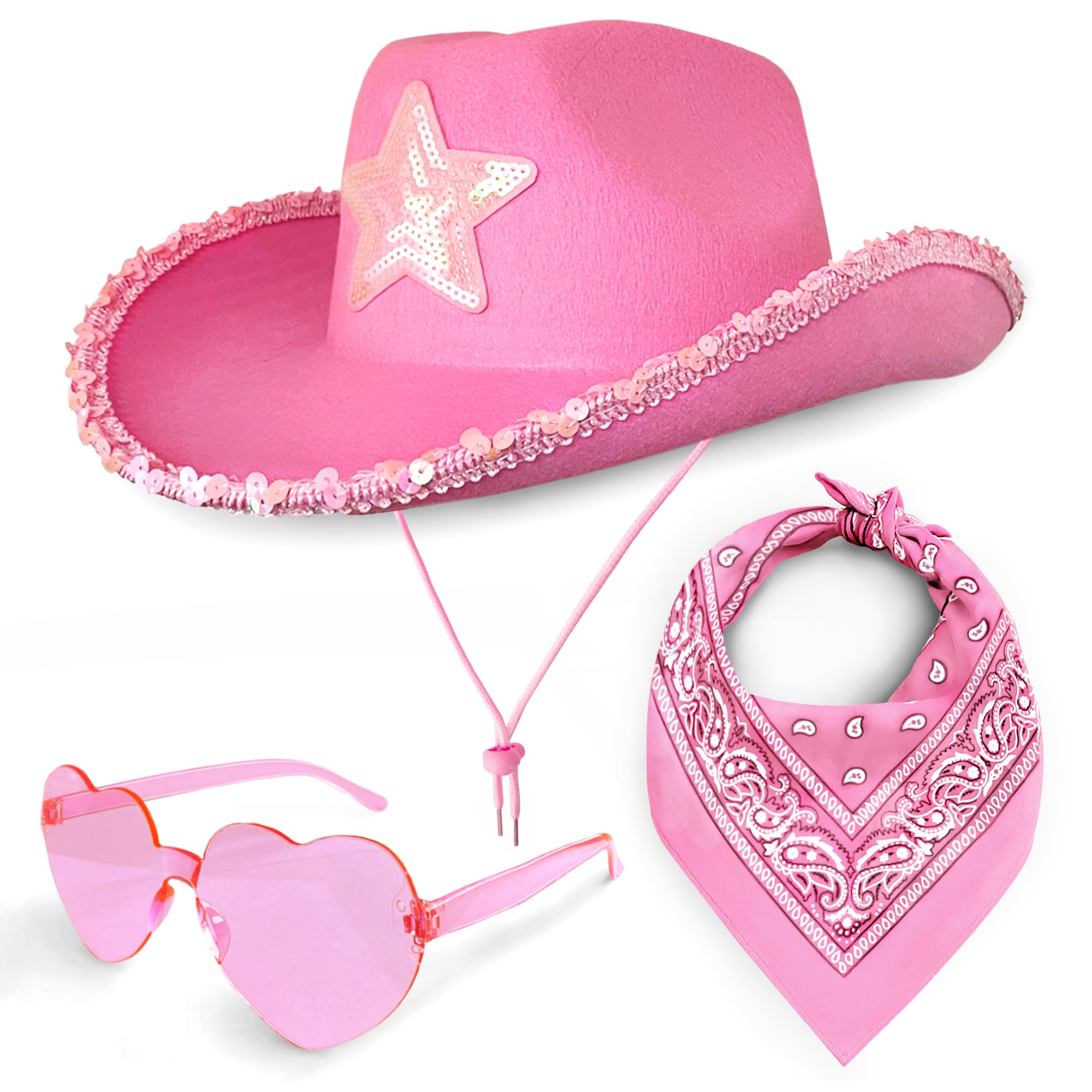 Cowboy Hat 3 Piece Set for Women (Pink Hat with Star, Pink Paisley Bandana & Heart Sunglasses) Cowgirl Costume Accessories for Fancy Dress Festivals Western
