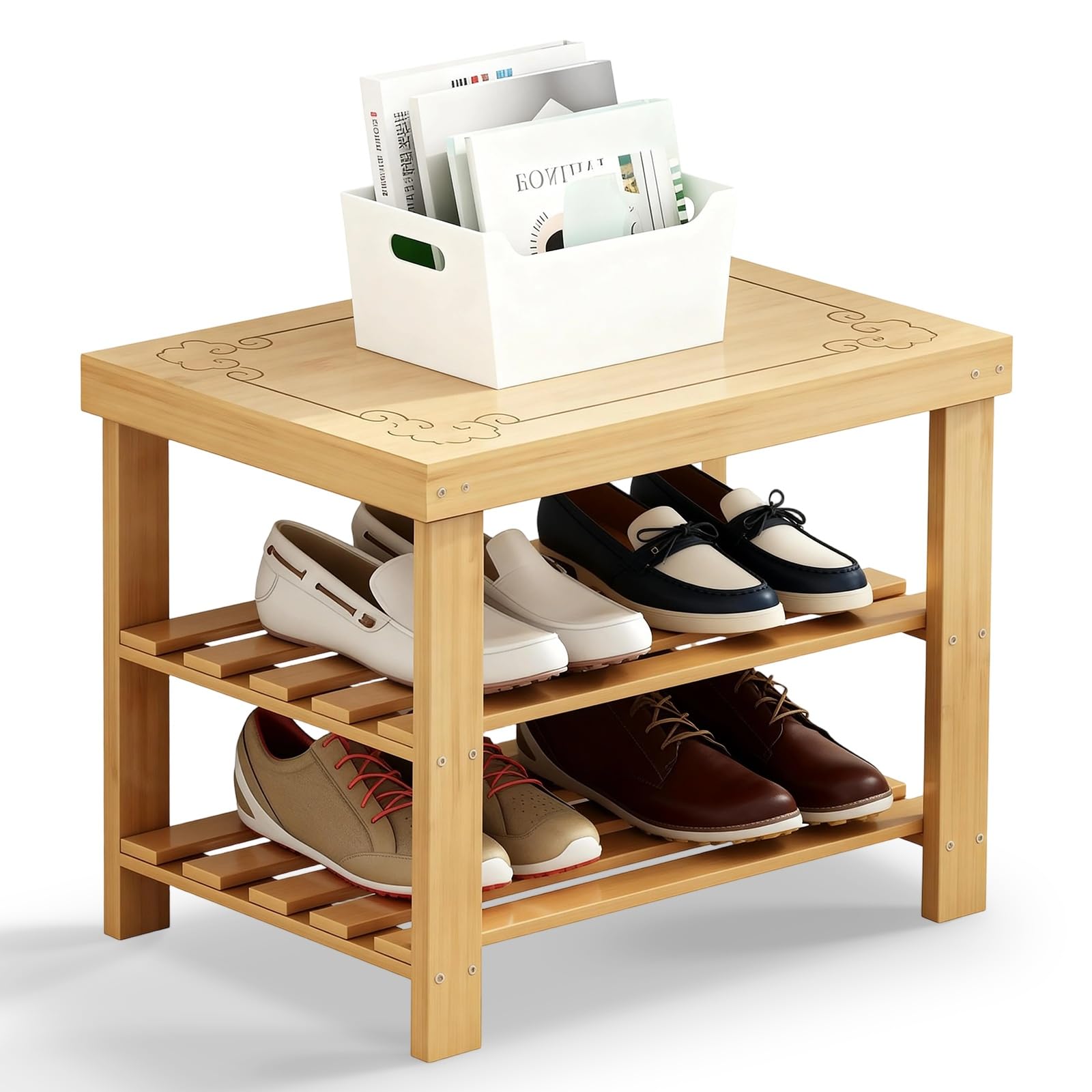 Meuble à chaussures sculpté en bois naturel pour un salon chaleureux