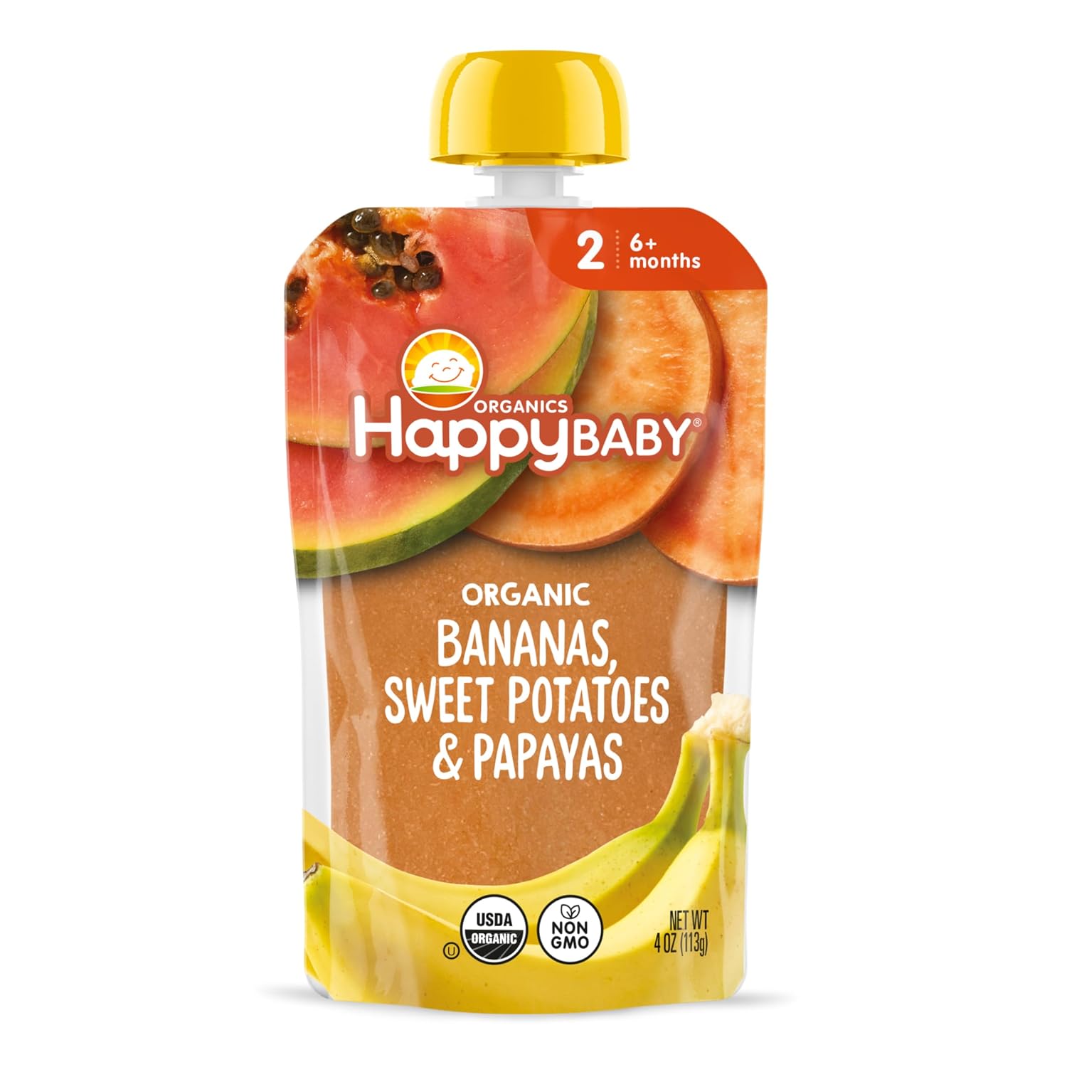 Happy Baby Organics Stage 2 Baby Food Pouches, Gluten Free, Vegan & Healthy Snack, Clearly Crafted Fruit & Veggie Puree, Bananas, Sweet Potatoes &Papayas, 4 Ounces (Pack of 1)