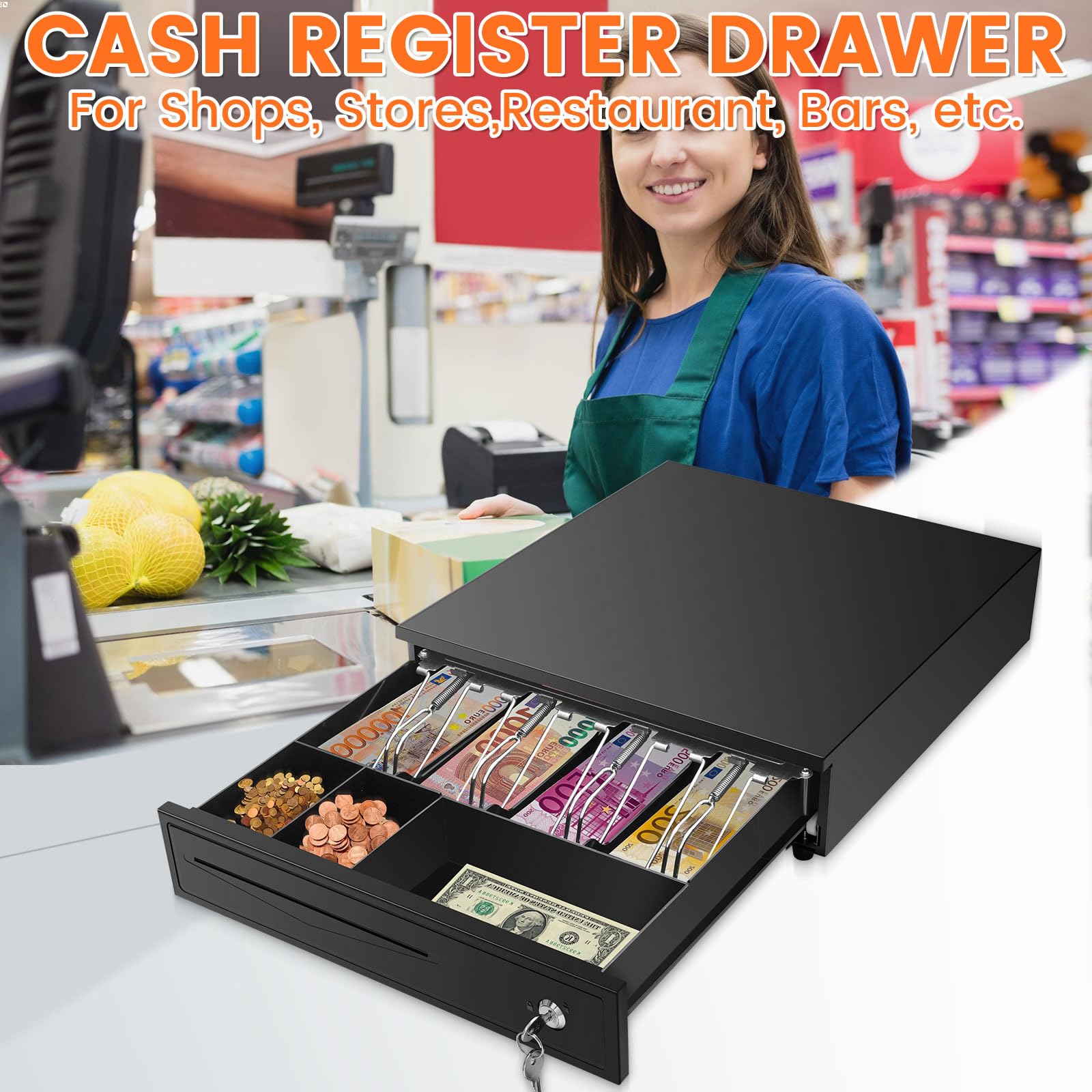 Tiskgg Kassenschublade 37 x 34 x 8 cm, Kasse mit 4 Geldschein- & 5 Münzfächern, Kassenlade Manuell/Elektrisch, mit Schlüssel & RJ11/RJ12 Anschluss für POS System