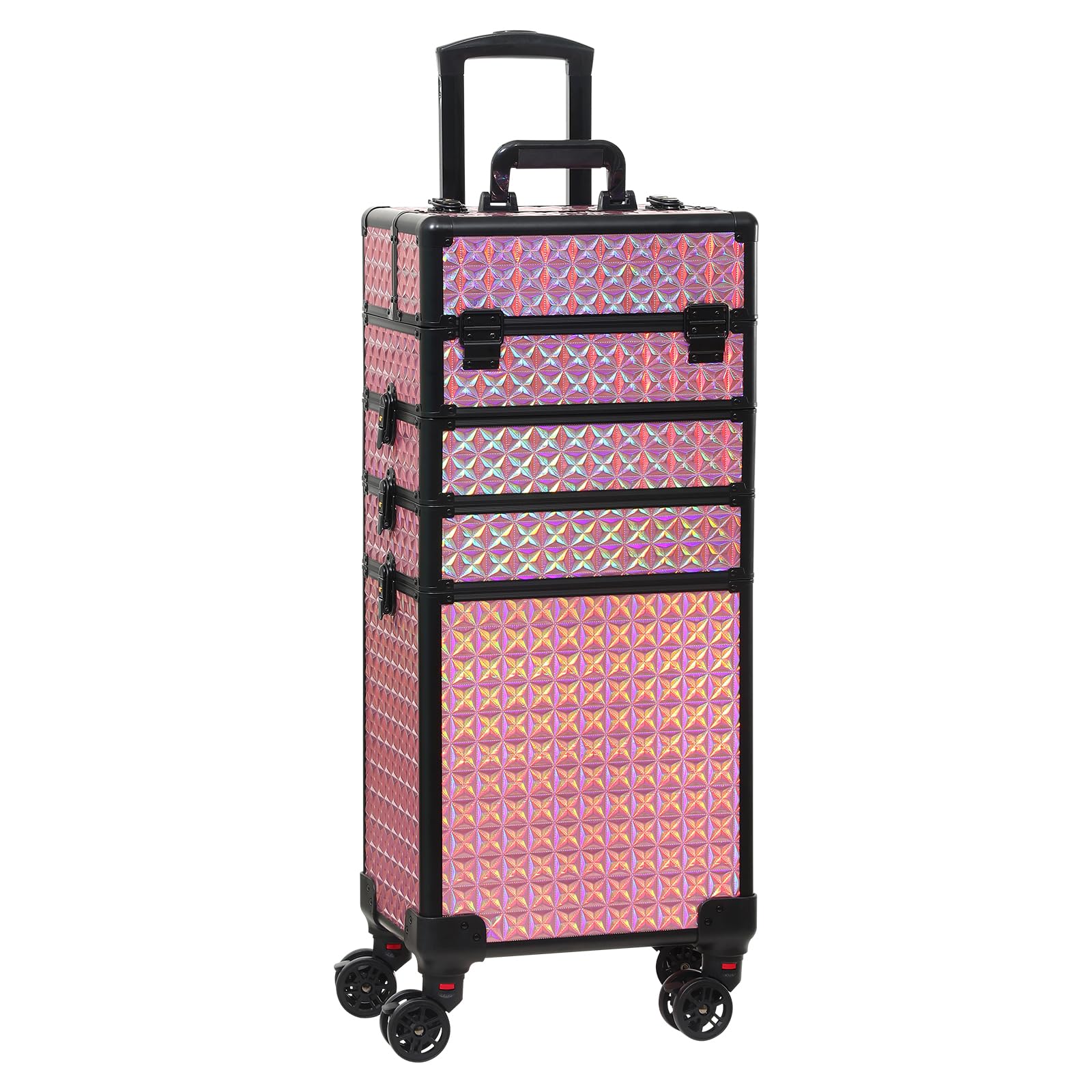 Rolling Train Case 4-in-1 Portable Makeup Train Case Professional Cosmetic Organizer Makeup Traveling case Trolley Cart Trunk (colorful red)