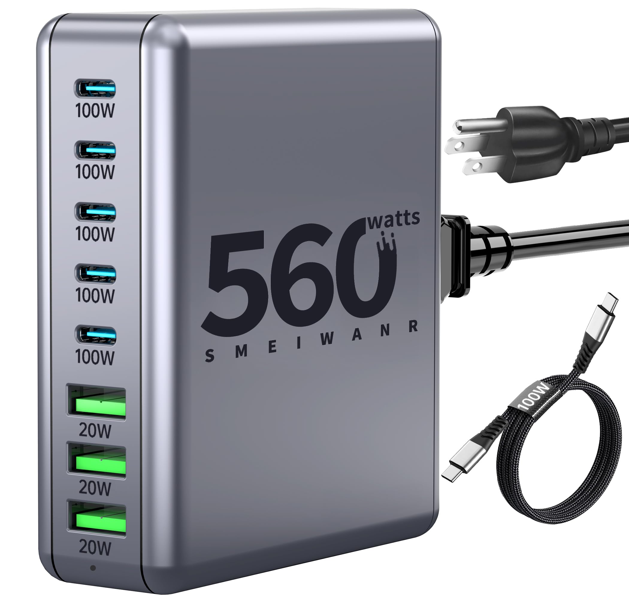 USB C Charger Block 560W 8 Ports, SMEIWANR USB Charging Station PD 3.0 GaN, Multi Ports Fast Charger Adapter for MacBook Pro Air, iPhone, Samsung etc.