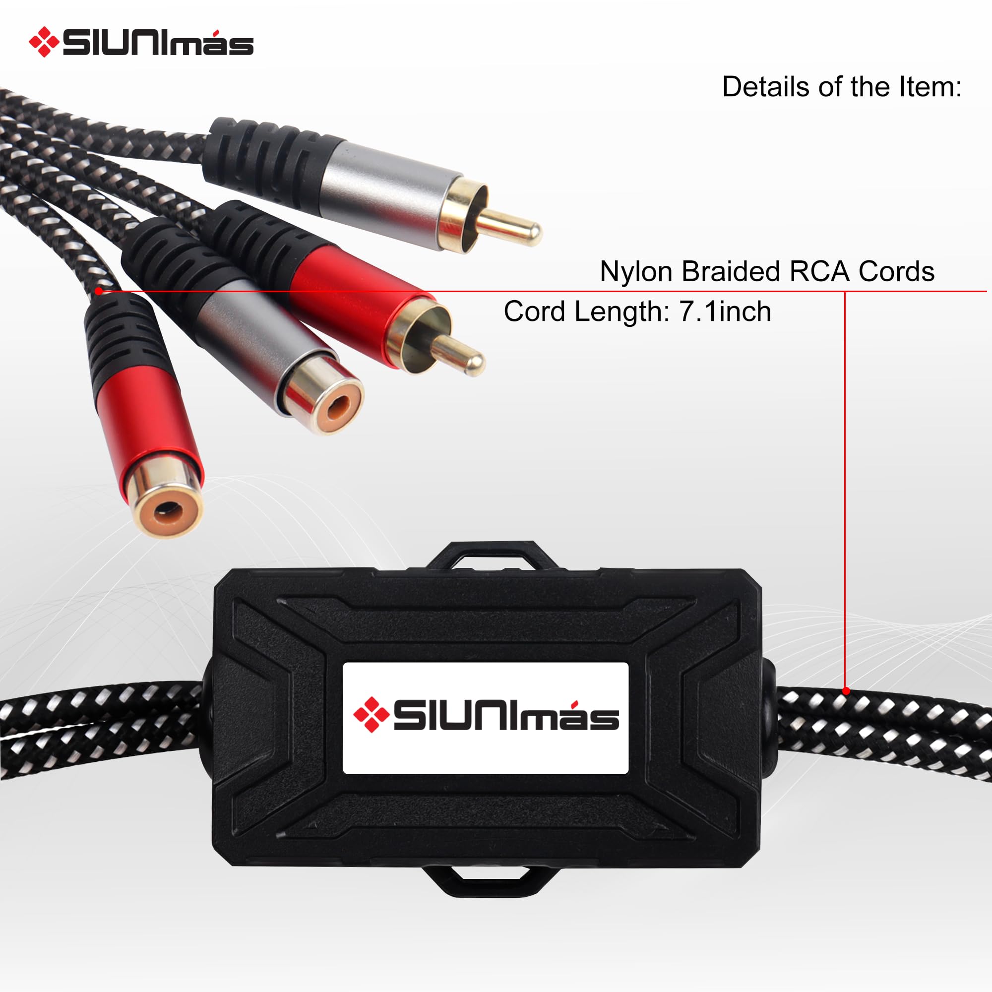 Isolatore RCA Pro a 2 canali con cavo intrecciato in nylon intrecciato per auto e home theater, con filtro antirumore con scatola in ABS resistente (SIM-2CH-RCA01A)