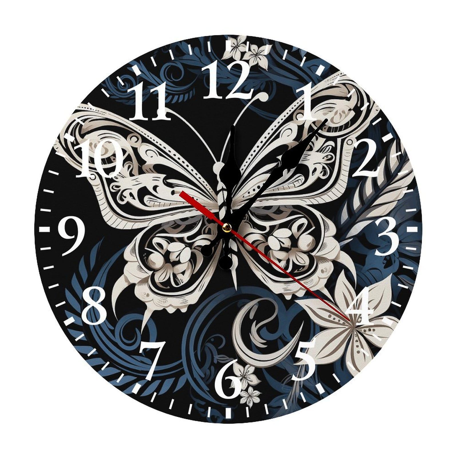 NTVOWPZO 10 Inch Wall Clock White Butterflies and Tribal Battery Operated Wall Clocks Silent Non-Ticking Round Wall Clock for Living Room Kitchen Home Office Wall Decorative Clock