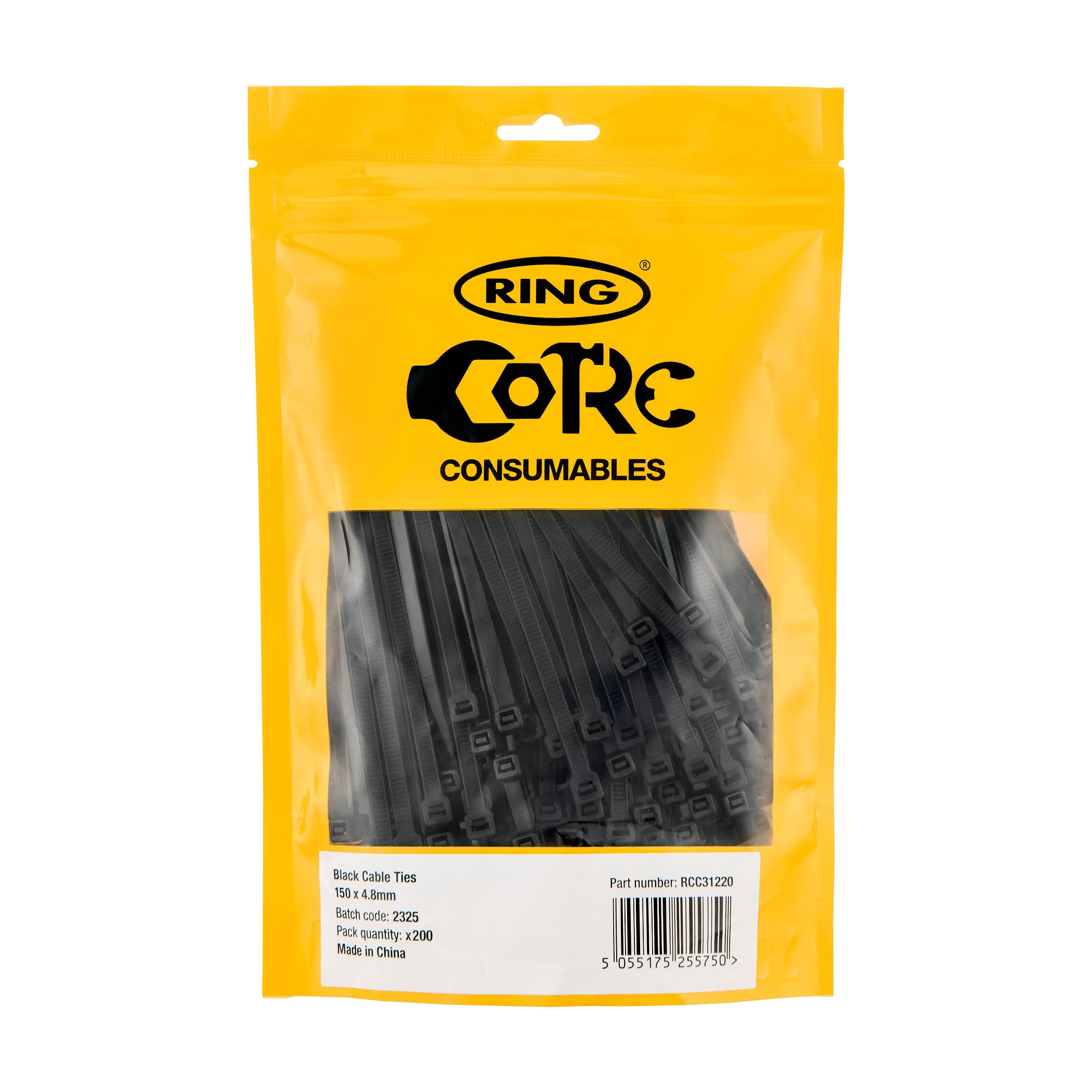 RING Black Cable Ties, 150 x 4.8 mm (100 Pcs) General Purpose, Supplied in a Re-Sealable Pack