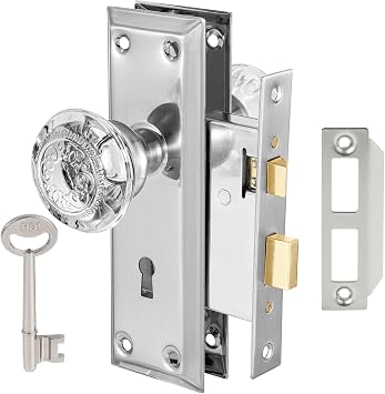 Mortise Lock Set Interior Door, Crystal Glass Door knobs Interior,Old Style Door Knob Replacement, Vintage Antique Door Lock with Skeleton Key,Brushed Nickel Finish